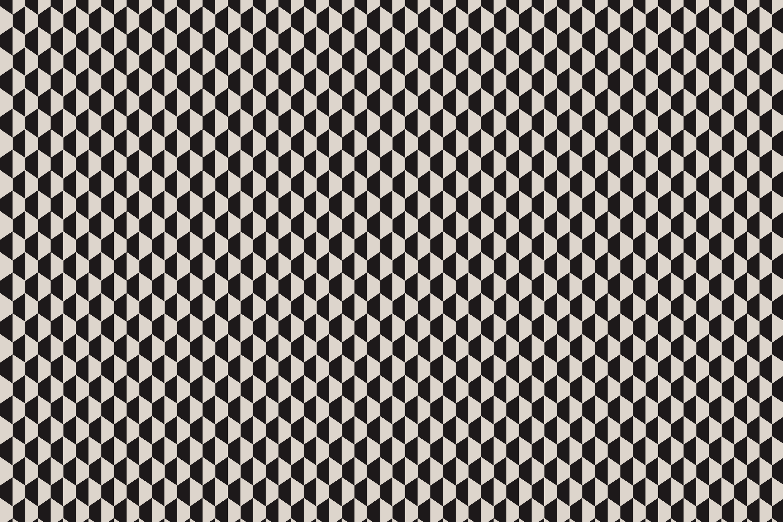 A repeating pattern of black, white, and beige three-dimensional cubes creating an optical illusion of a geometric design.