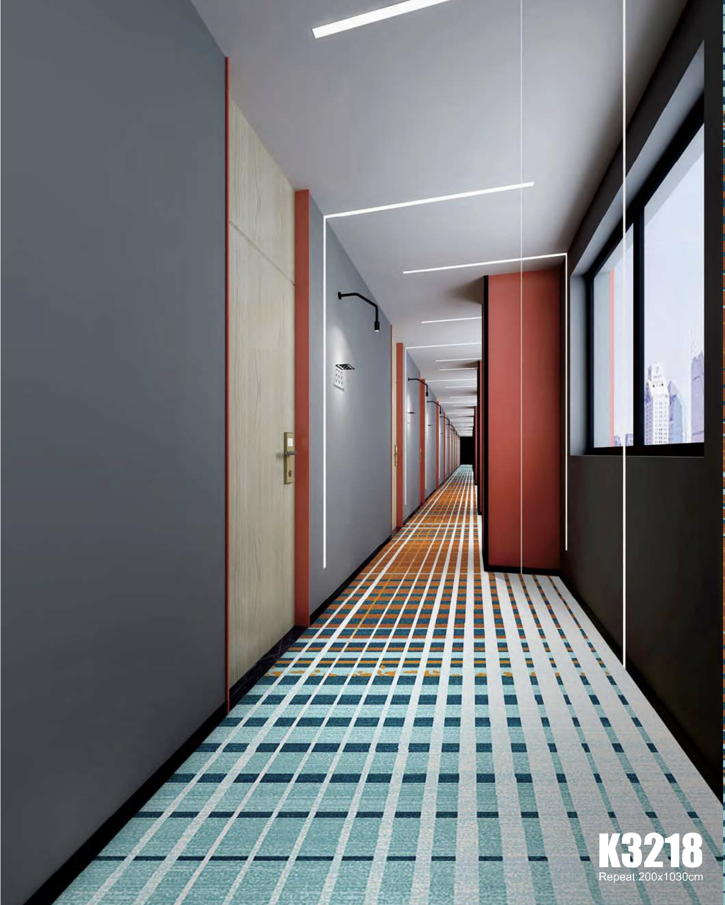 Axminster and Print Hospitality Carpets - suitable to pubs, clubs, hotels, bars:  A modern interior hallway with a colorful checkered floor, gray walls, orange accents, and large windows on the right side, showing a cityscape outside.