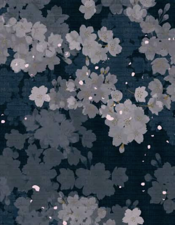 Axminster and Print Hospitality Carpets - suitable to pubs, clubs, hotels, bars: Close-up of white cherry blossom flowers on dark blue surface background.