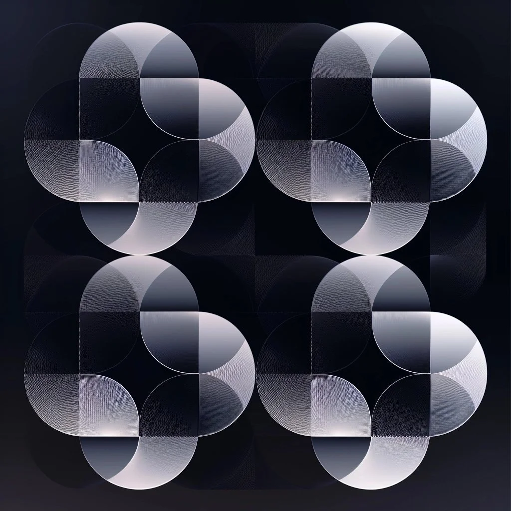 Abstract geometric pattern with overlapping semi-circles and lines in shades of white and gray on a black background.
