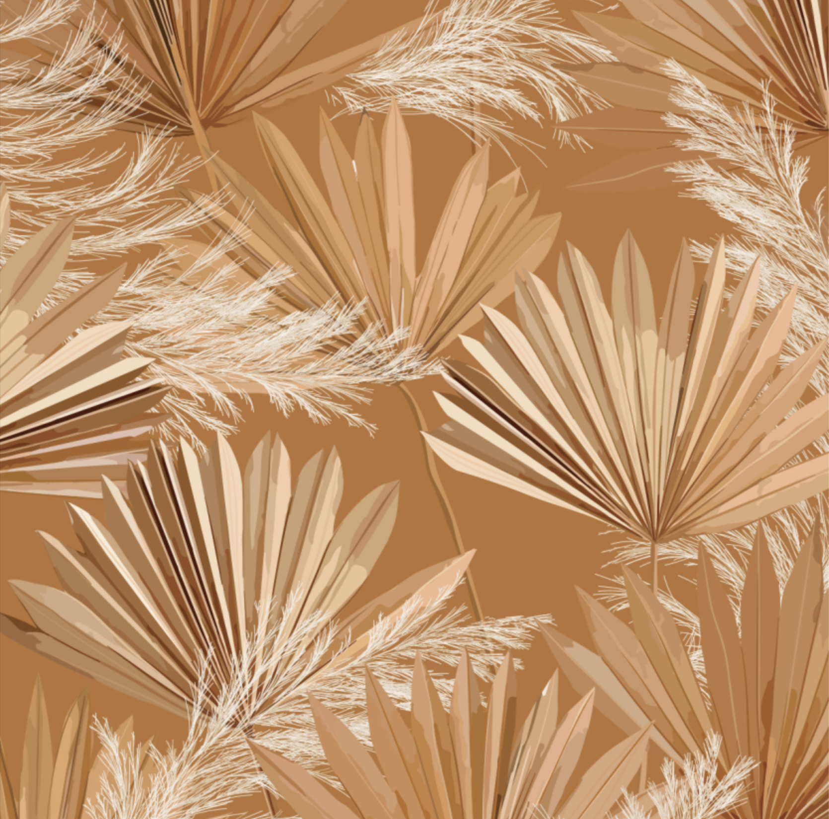 Pattern of stylized tan and white palm leaves on a terracotta background.
