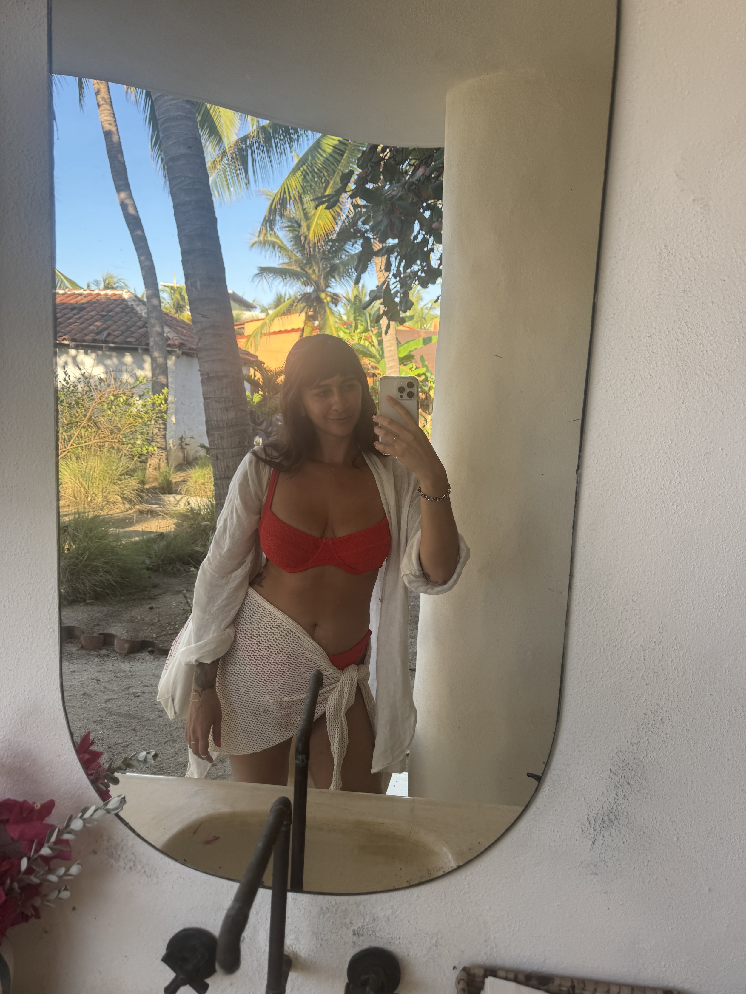 Red bikini with linen cover-up for Puerto Escondido