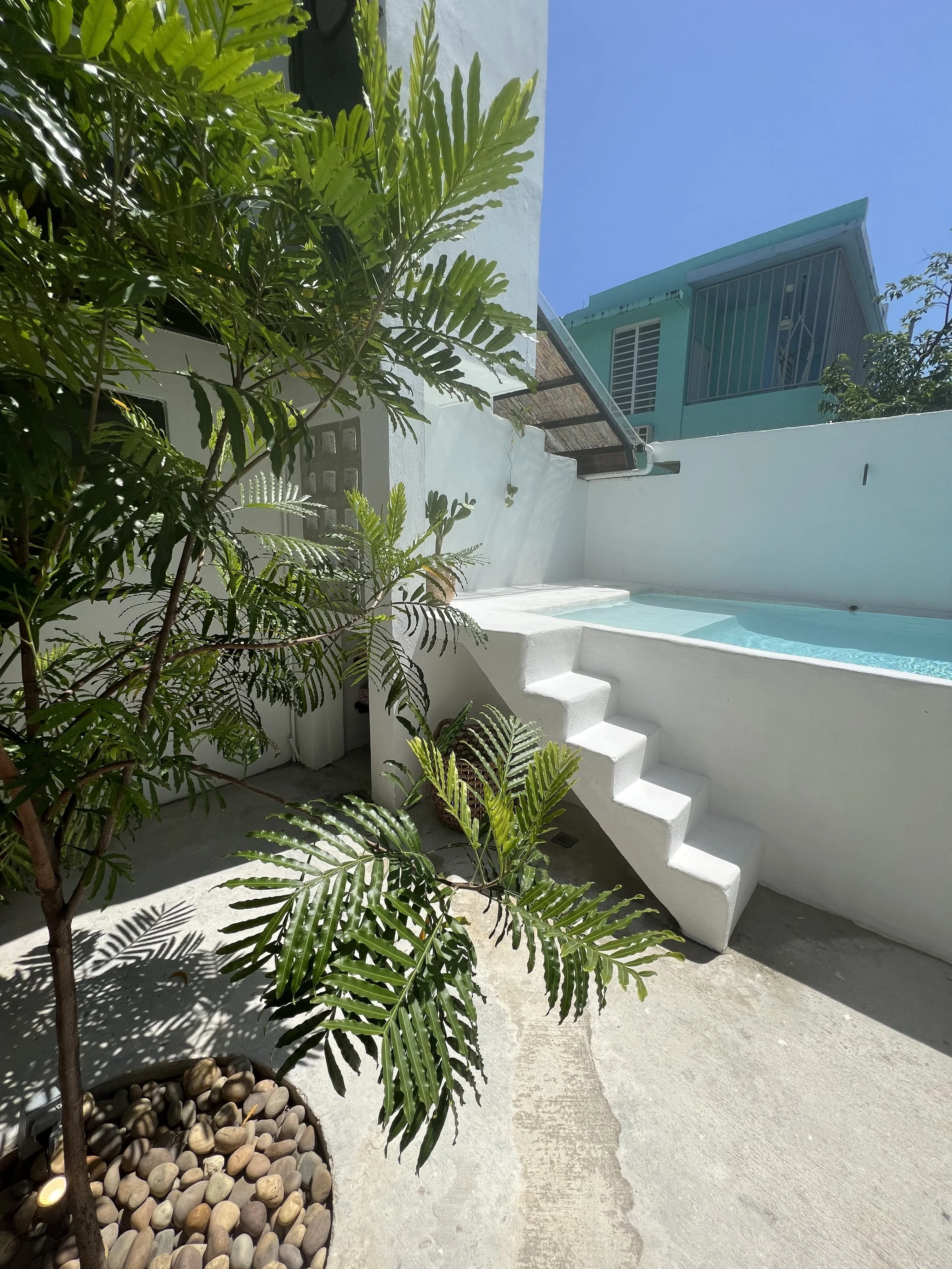 A small outdoor area with a white staircase leading up to a swimming pool, green plants in a pot, and a bright blue sky overhead.