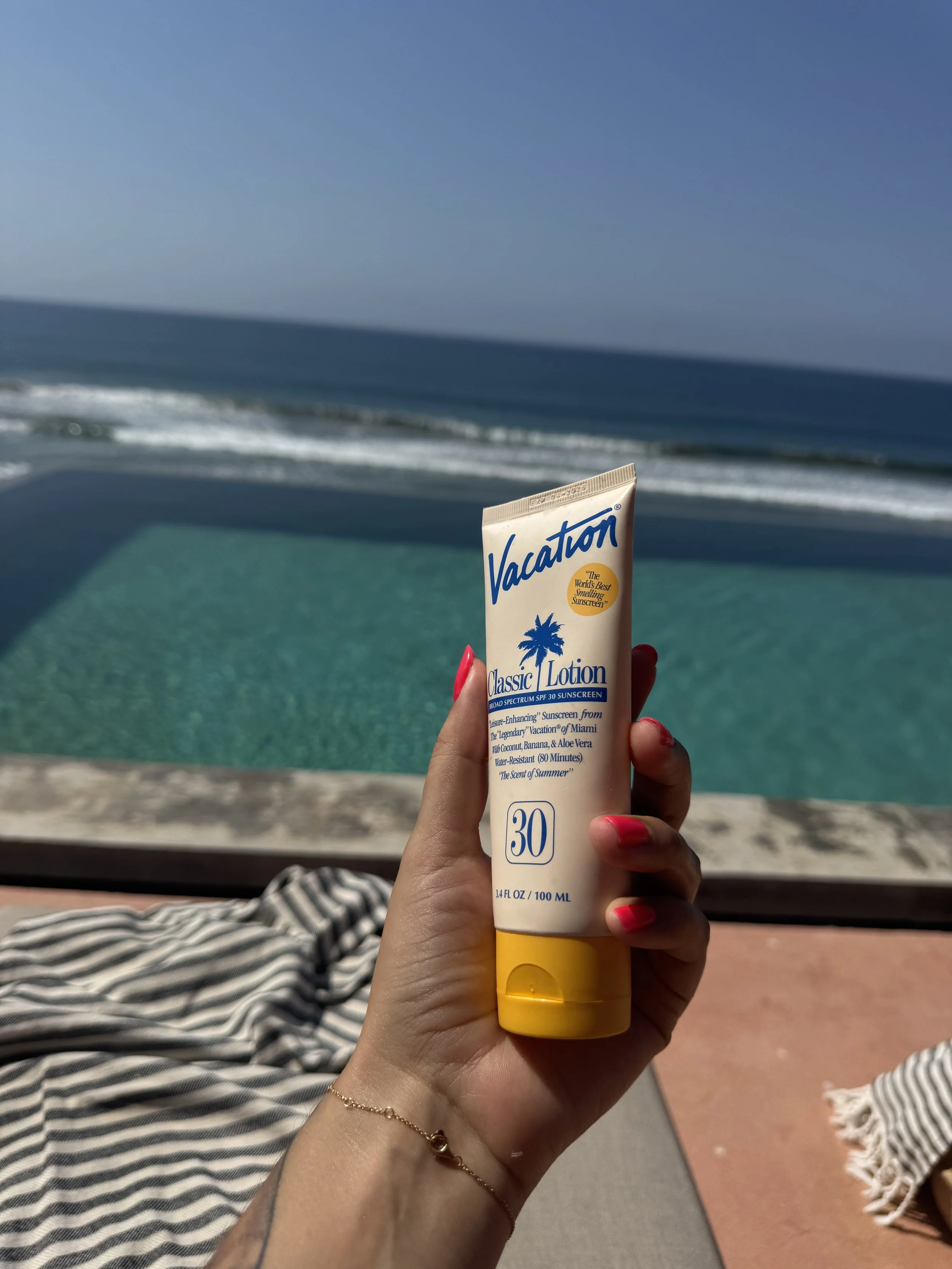 Vacation brand sunscreen packed for Puerto Escondido