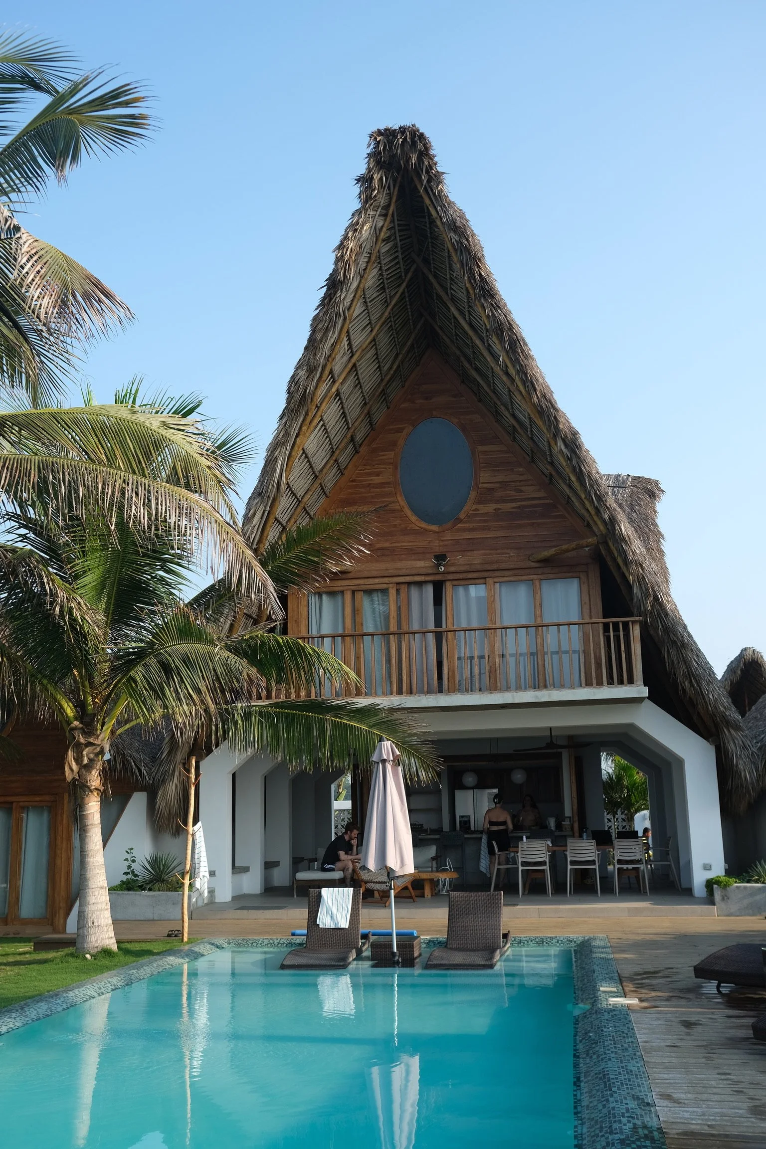 View of a tropical villa with a thatched roof, pool in the foreground, and palm trees surrounding the house under a clear blue sky.