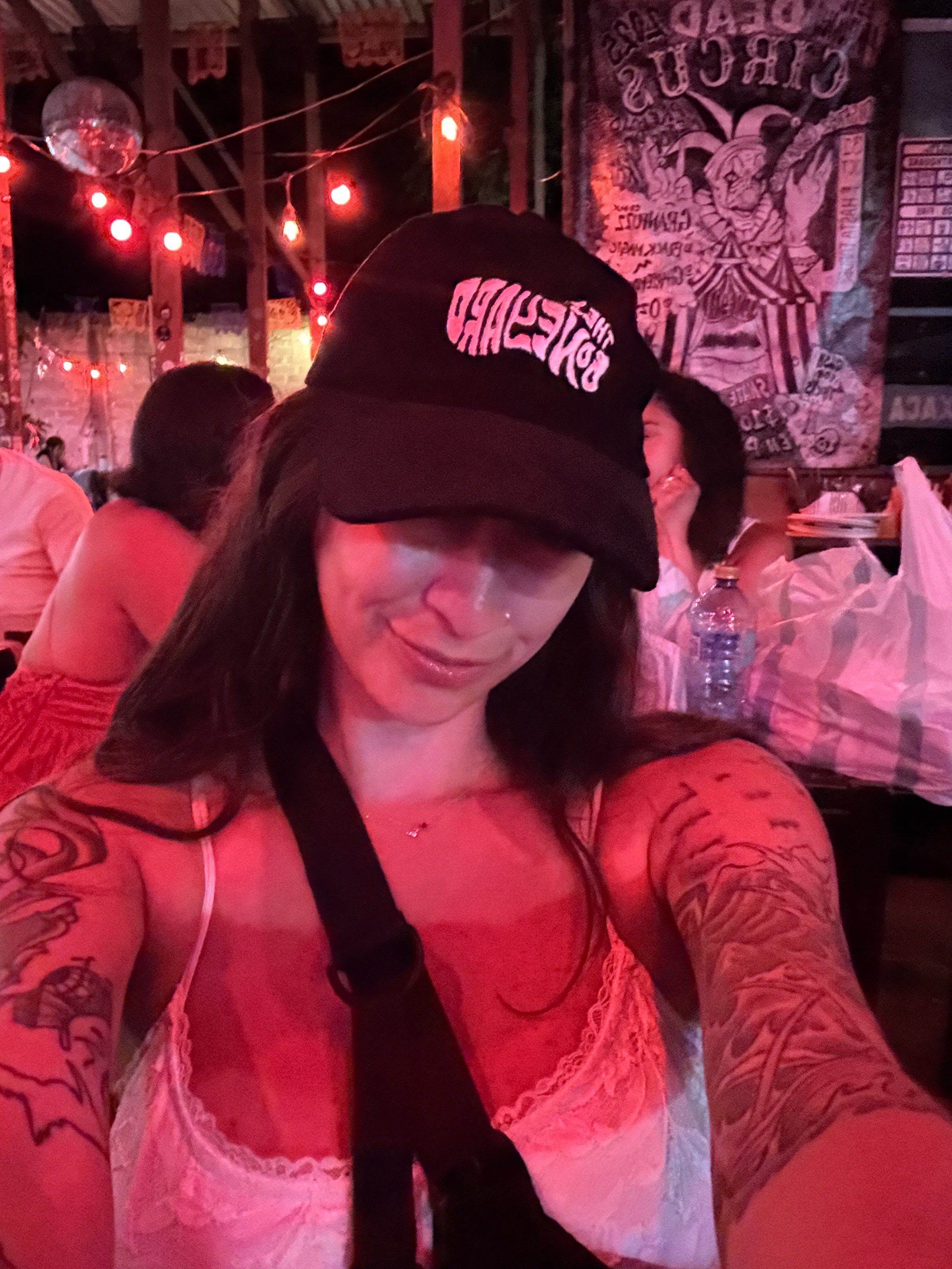 Wearing Boneyard merch at the bar, Puerto Escondido