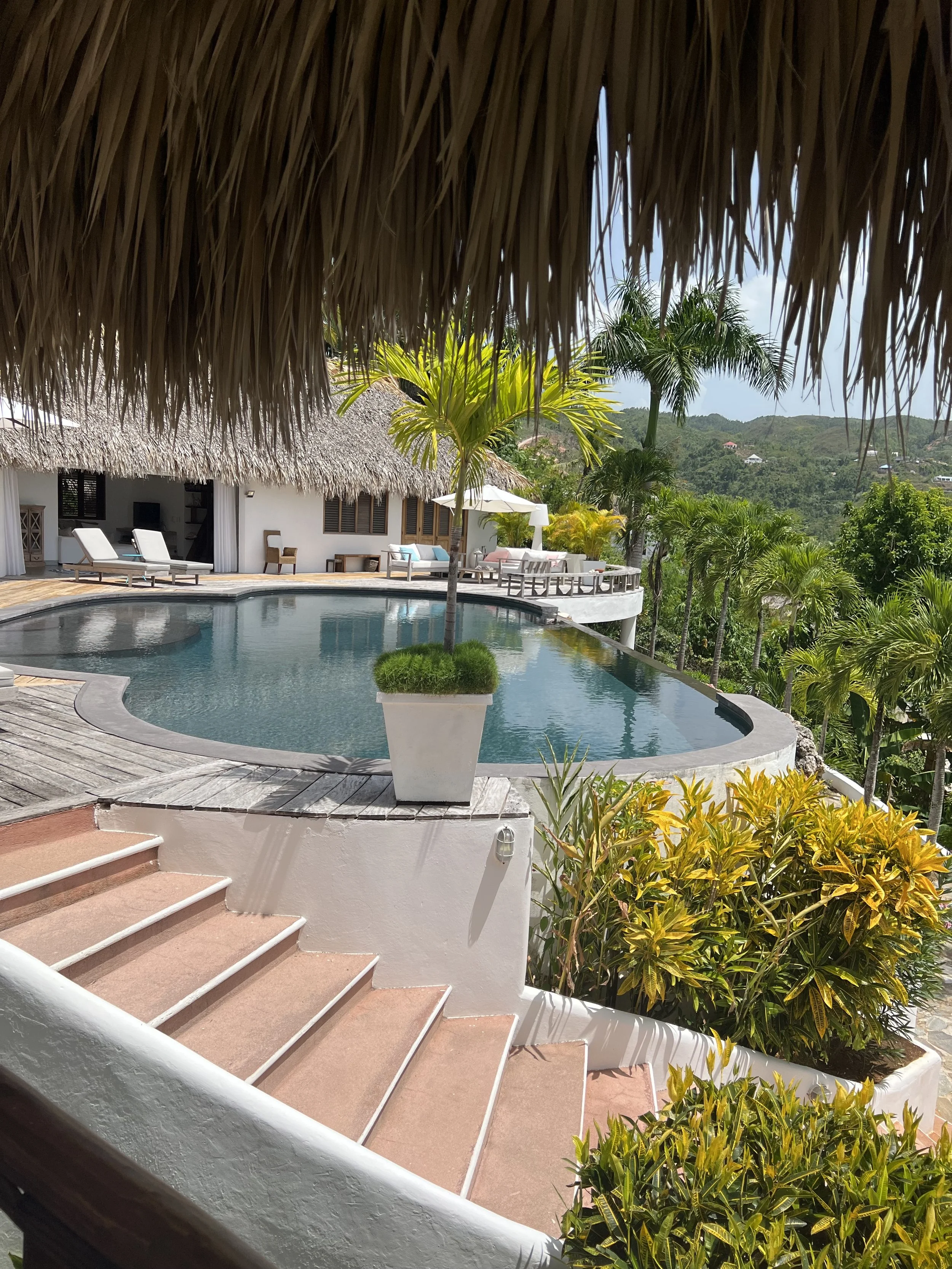A view of a tropical vacation spot with a swimming pool, palm trees, and lounge chairs under a thatched roof, overlooking lush greenery and hills in the background.