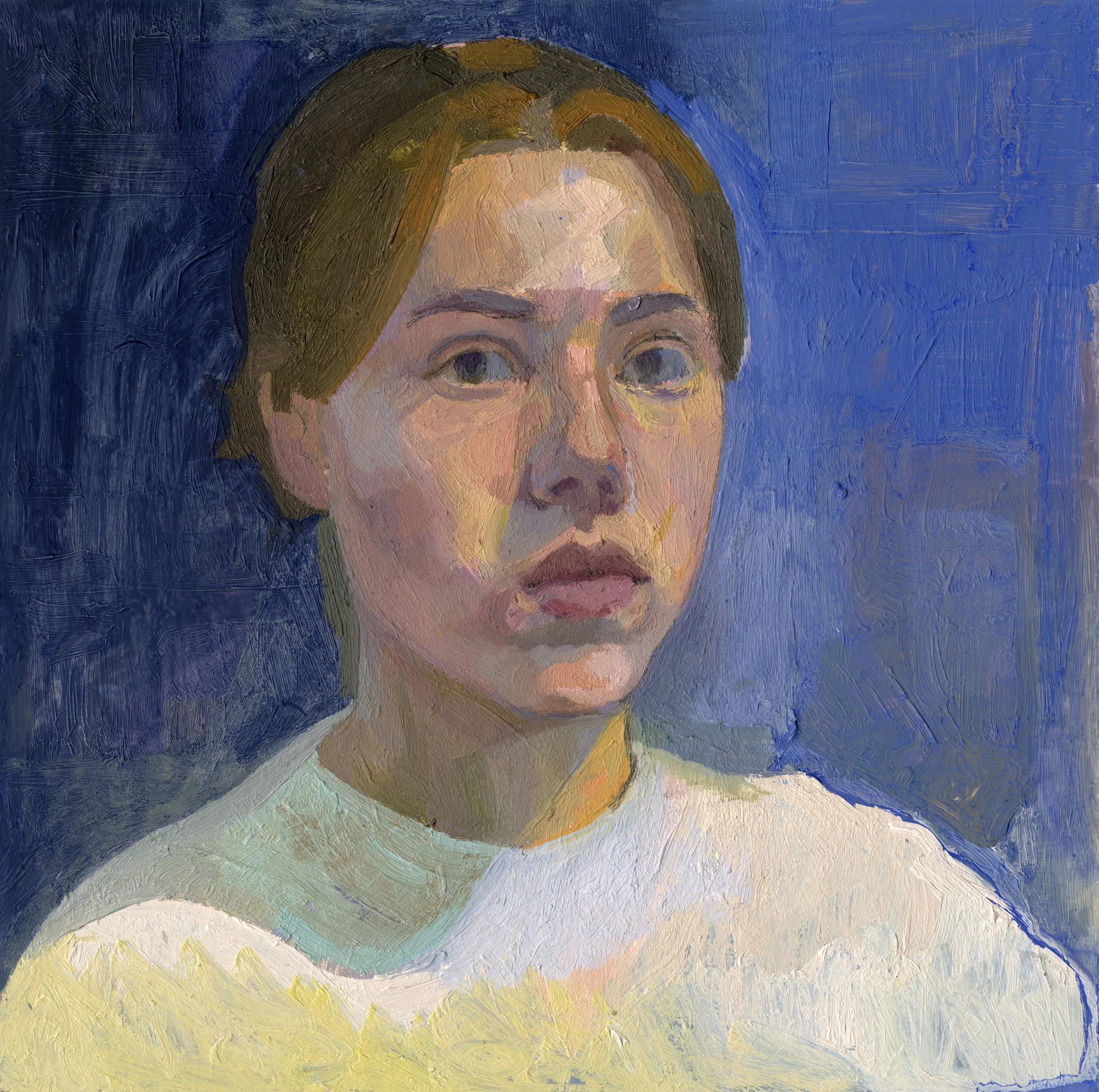 Self Portrait in Blue, oil on panel, 6" x 6", 2026