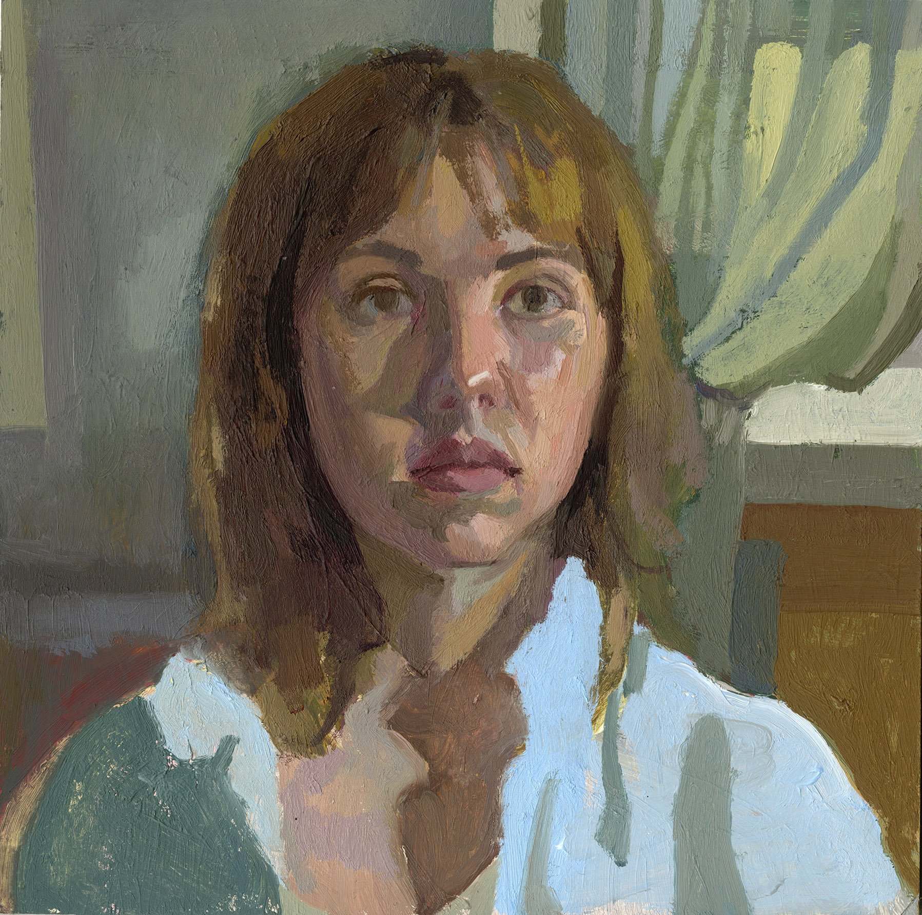 Blue Button-Up, oil on panel,  6"x6", 2026