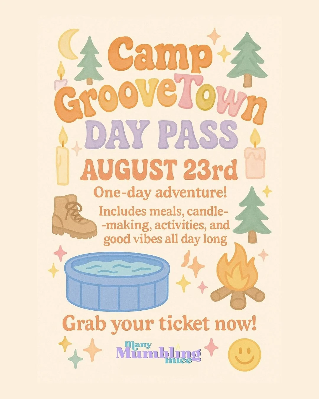 ☀️ Just for the day, but full of the vibes! 🌲🎨✨

Camp GrooveTown DAY PASS is here &mdash; and it&rsquo;s your golden ticket to hiking, hot tubbing, and memory-making with the grooviest crew around 🔥🌼

Perfect if you can't stay the weekend, Pass i