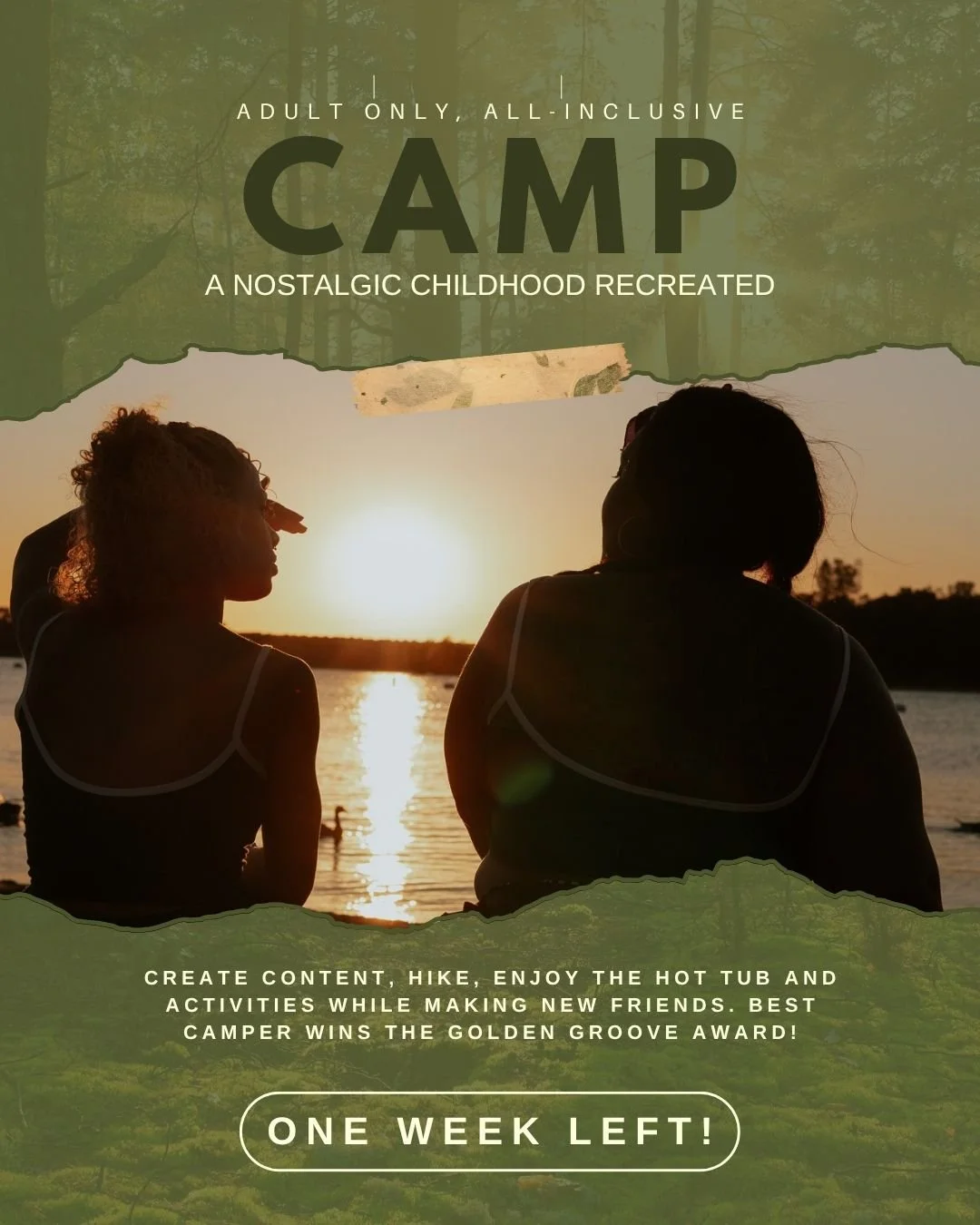 📣 CAMP COUNTDOWN: ONE WEEK LEFT! ⏳✨

Camp GrooveTown is just around the bend, and this is your last week to snag your bunk! 

🏕️ Secure your spot with a $100 deposit by July 1st and get ready for a weekend of groovy fun, candle-lit memories, and ca