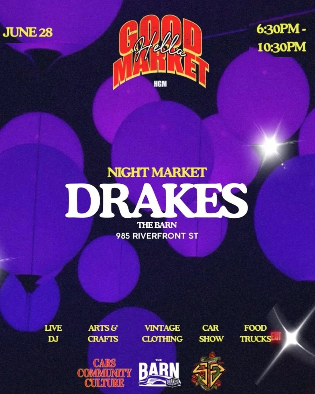 Come say hi at @drakesthebarn hosted by  @hellagoodmarket, one of my FAVE markets! Beat the heat- it's at night! From 6:30pm-10:30pm, the vibes hit all night long!

Check out live music, yummy food + drinks, car shows, and of course- the awesome vend