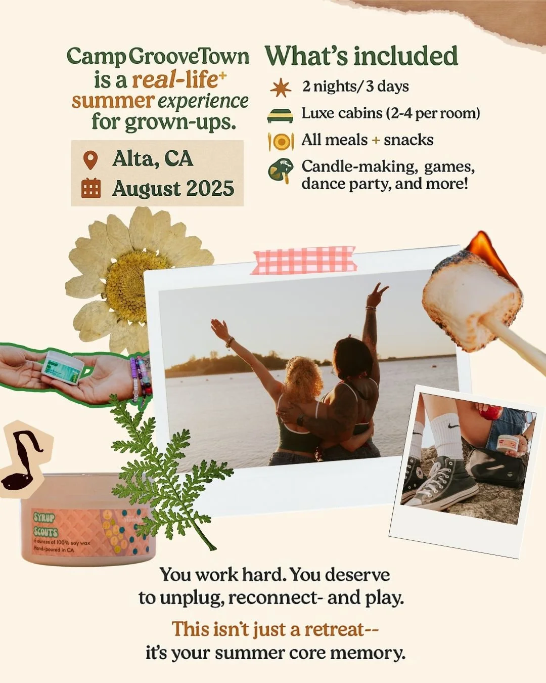 🏕️✨ What is Camp GrooveTown?! ✨🏕️

It&rsquo;s a summer camp getaway for grown-ups who need a little ✨magic✨, movement, and memory-making. Think candle-making, cabin hangs, karaoke, crafts, nature walks, dreamy meals, hot tub time, and new besties&h