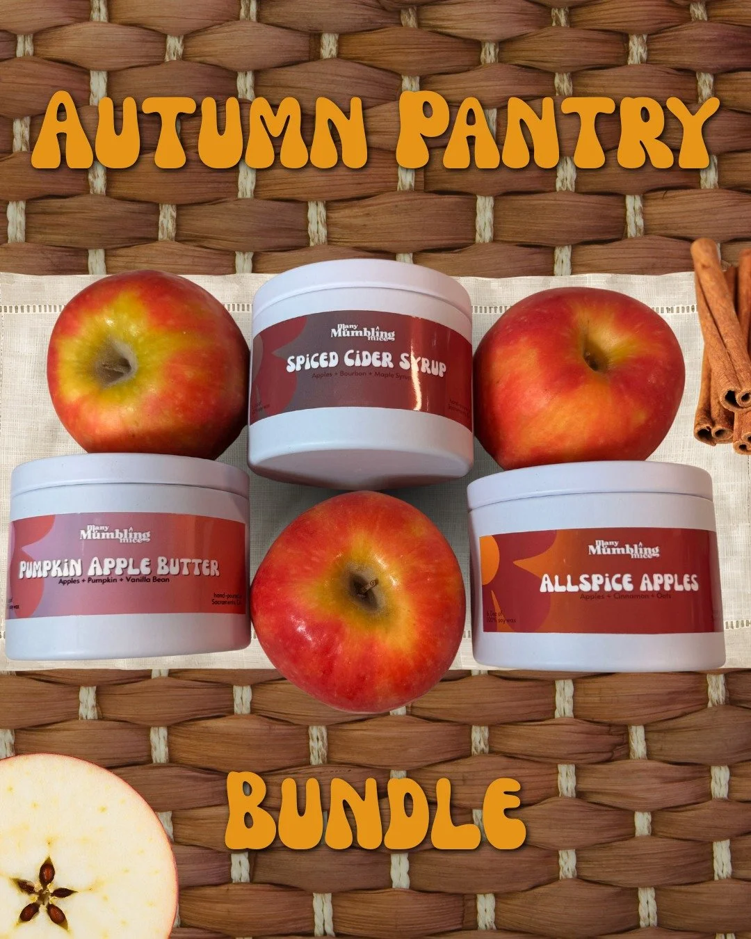 Can't decide which of the Fall Part 1 collection you want? Grab all three!

Pumpkin Apple Butter, Spiced Cider Syrup, and Allspice Apples are bundled together to save you a few bucks. I love bundles because I can either keep them for myself for diffe