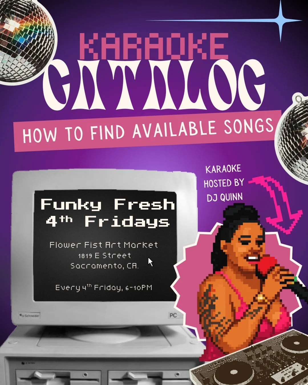 Want to sing a song, but unsure if we have it?

You can check in advance to see which songs are available for karaoke before heading over to Funky Fresh Fridays at Flower Fist Art Market. Hop online to https://www.karafun.com/karaoke/ or check the li