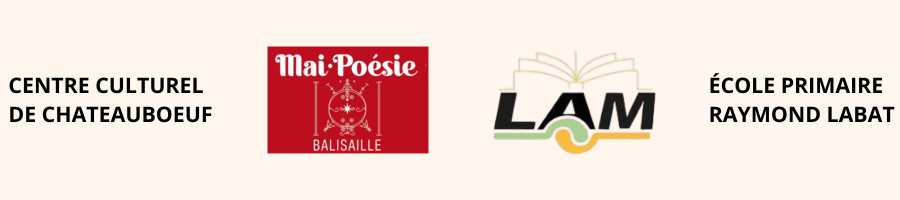 Logos de trois institutions culturelles et éducatives : Centre culturel de Châteauboeuf, Mai Poésie Balisaile, École primaire Raymond Labat, alignés horizontalement sur fond beige.
