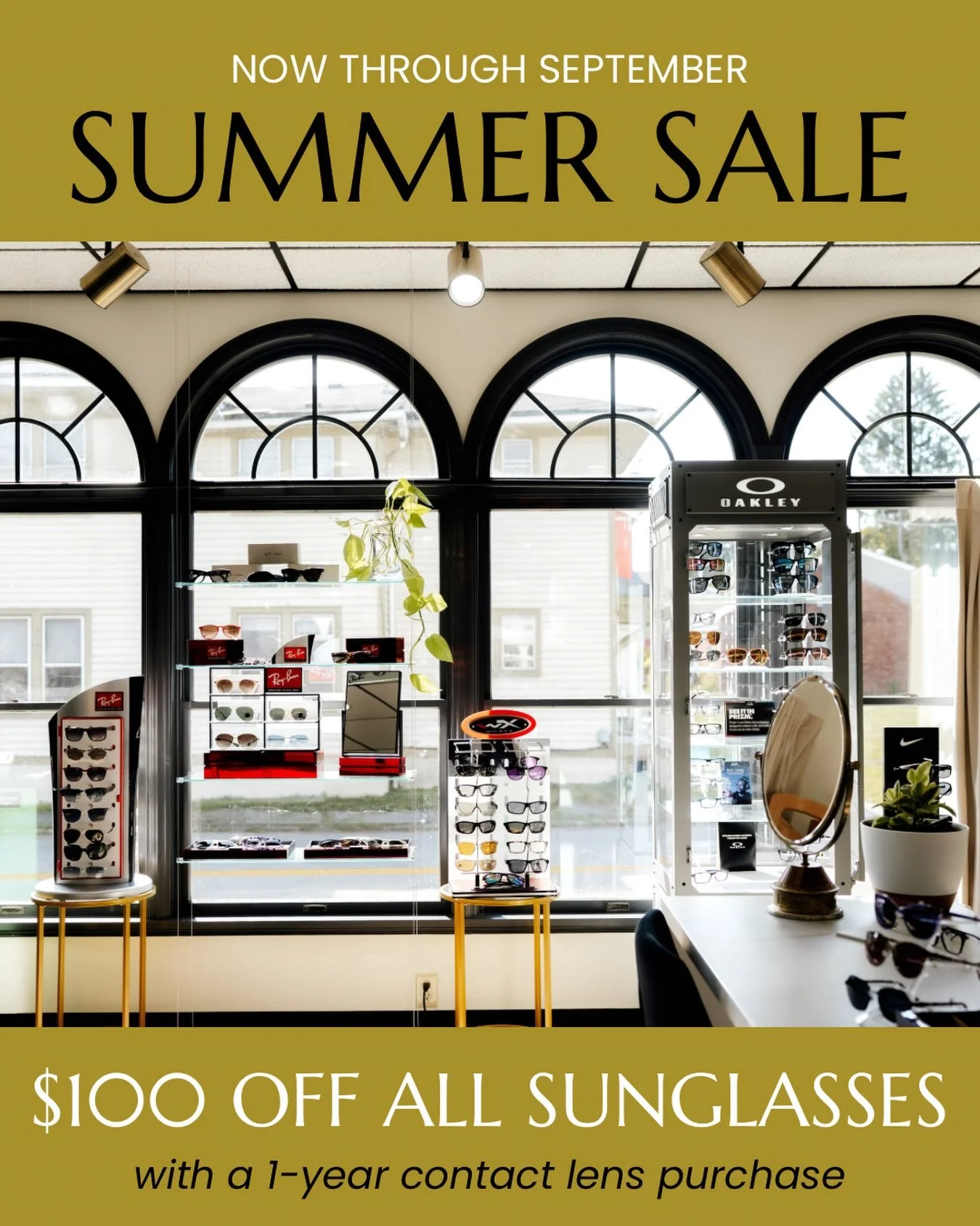 Summer savings are here! 😎☀️

Now through September, save $100 on prescription and non-prescription sunglasses with the purchase of a 1-year supply of contact lenses.

The perfect time to refresh your sunglasses, stock up on contacts, and enjoy a li