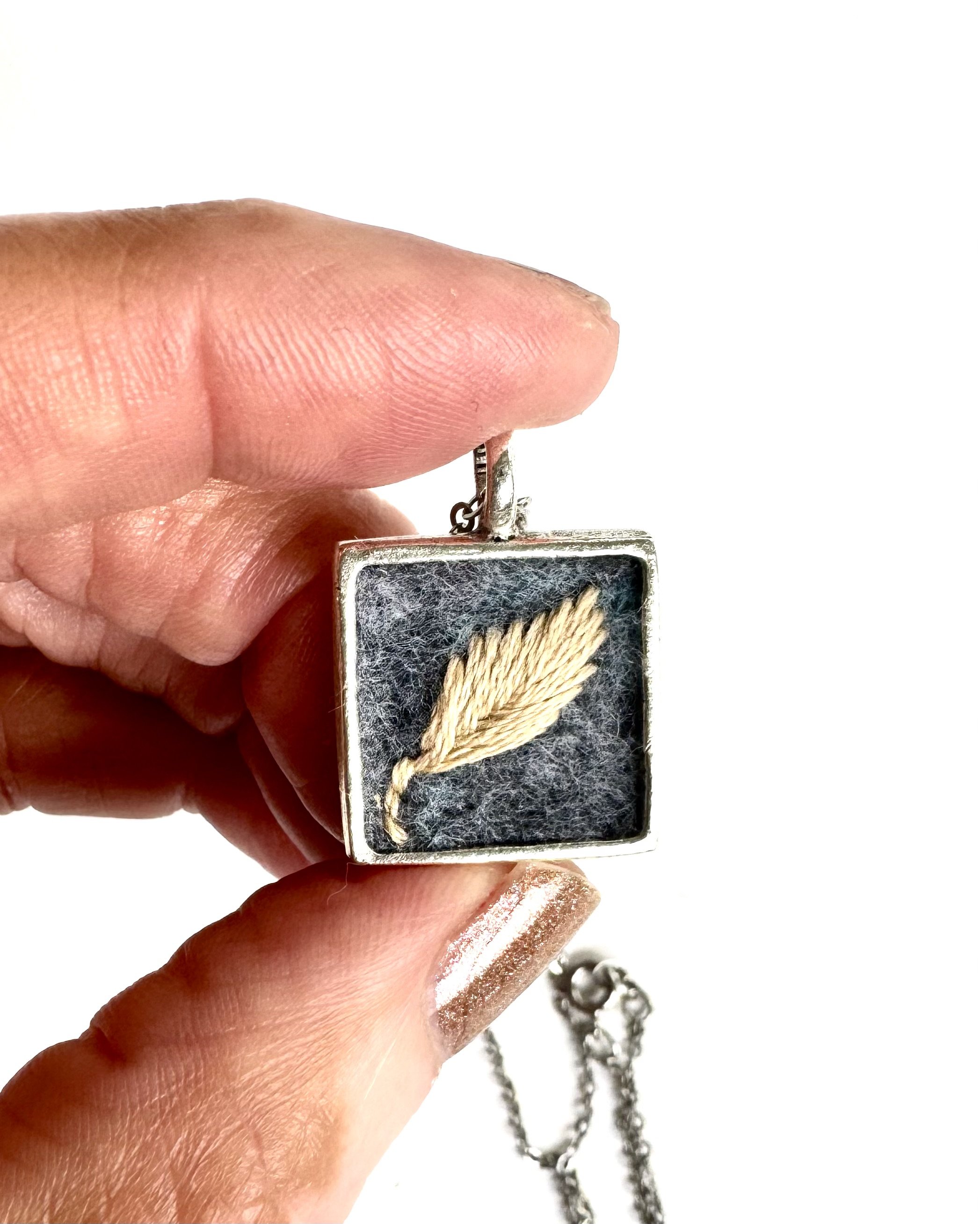 Fern Whisper Embroidered silver pendant