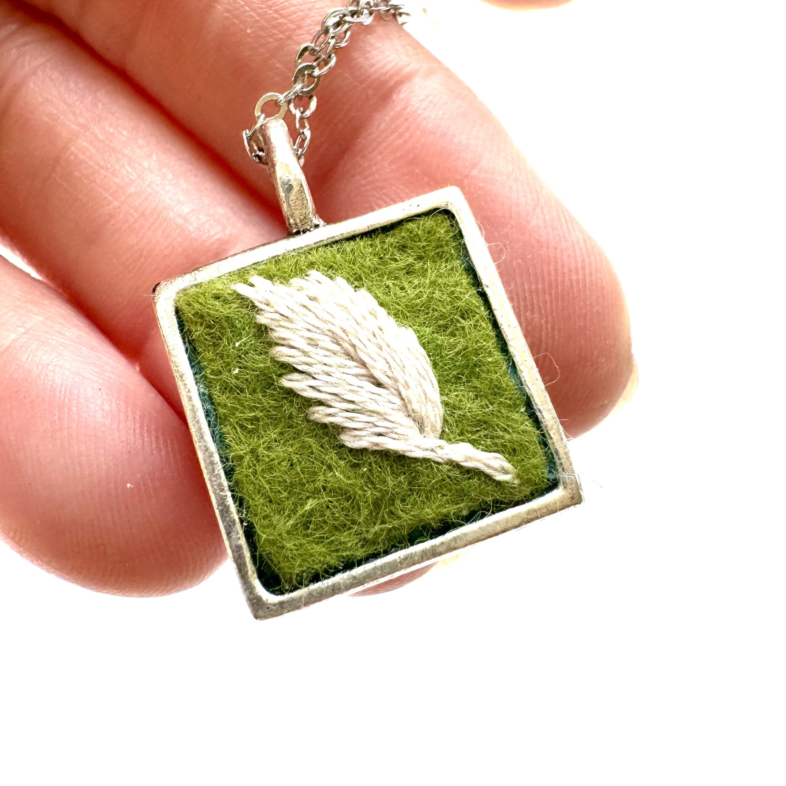 Fern Whisper on Green Embroidered Pendant