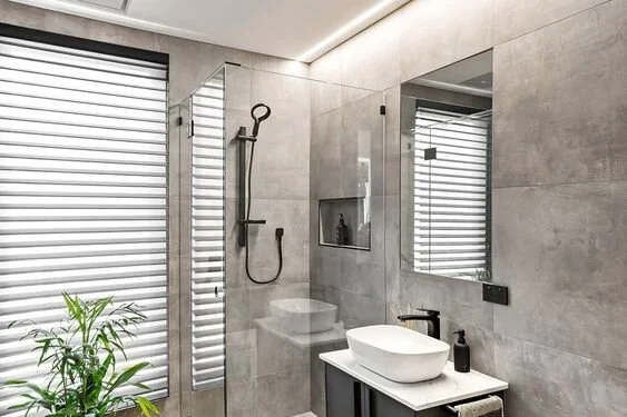 Mount Eliza bathroom with linear LED lighting along the ceiling above the vanity and shower