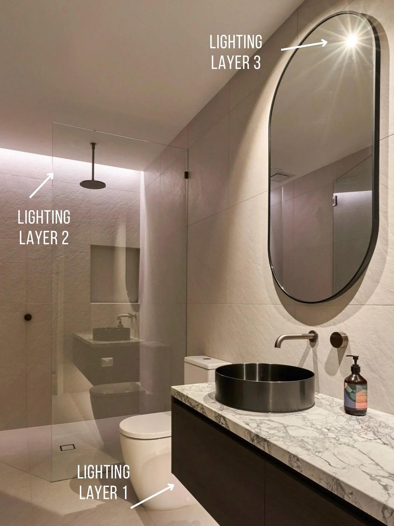 By using varied layers of light you&rsquo;ll be able to create a bathroom that transitions the mood and function of the space throughout the day, all with the simple flick of a switch.

Soft light for late-night bathroom trips, overall brightness for