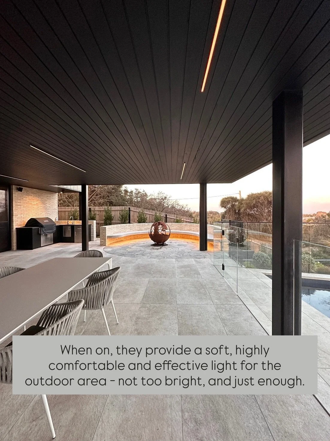 The linear black lights under the pergola at our Sorrento House Project always sparks lots of interest. 
Because when they are off, they&rsquo;re completely invisible as lights, just subtle black lines hidden in the dark timber slat ceiling. Then whe