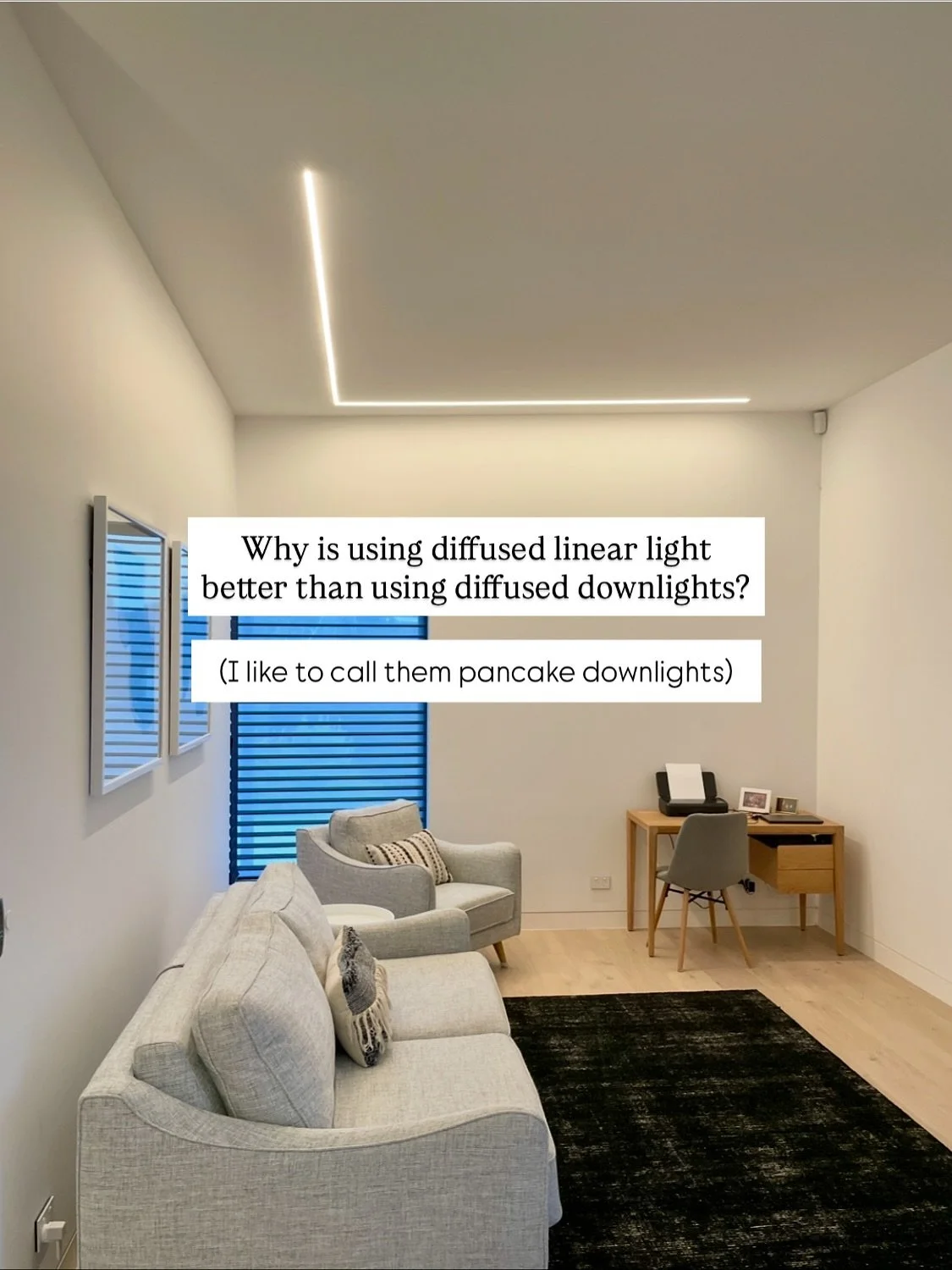 Diffused linear light is soft, without the intensity that causes glare from diffused downlights, it scatters, coming from all directions and therefore seems to wrap around objects. Because it&rsquo;s softer, it doesn&rsquo;t cast harsh shadows and ca