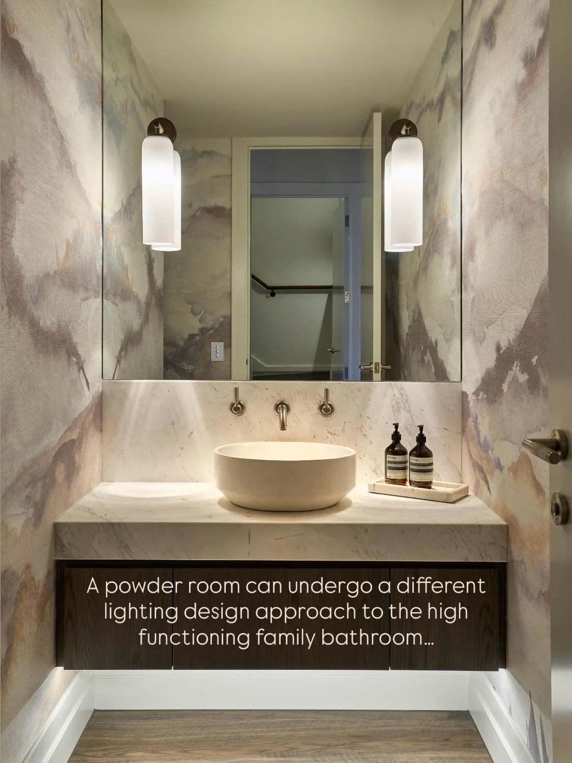 Have a bit of fun in your powder room. Unlike a high-functioning family bathroom, it doesn&rsquo;t rely on bright, functional light. That freedom opens the door to a different lighting approach, one where drama, mood and personality can take centre s