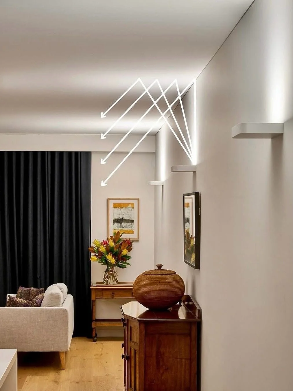 Bouncing light off the ceiling increases our perception of size and space, along with brightness. The light going up (also called indirect light) effectively treats a whole room as the light fitting, creating ambience and brilliance within the space,