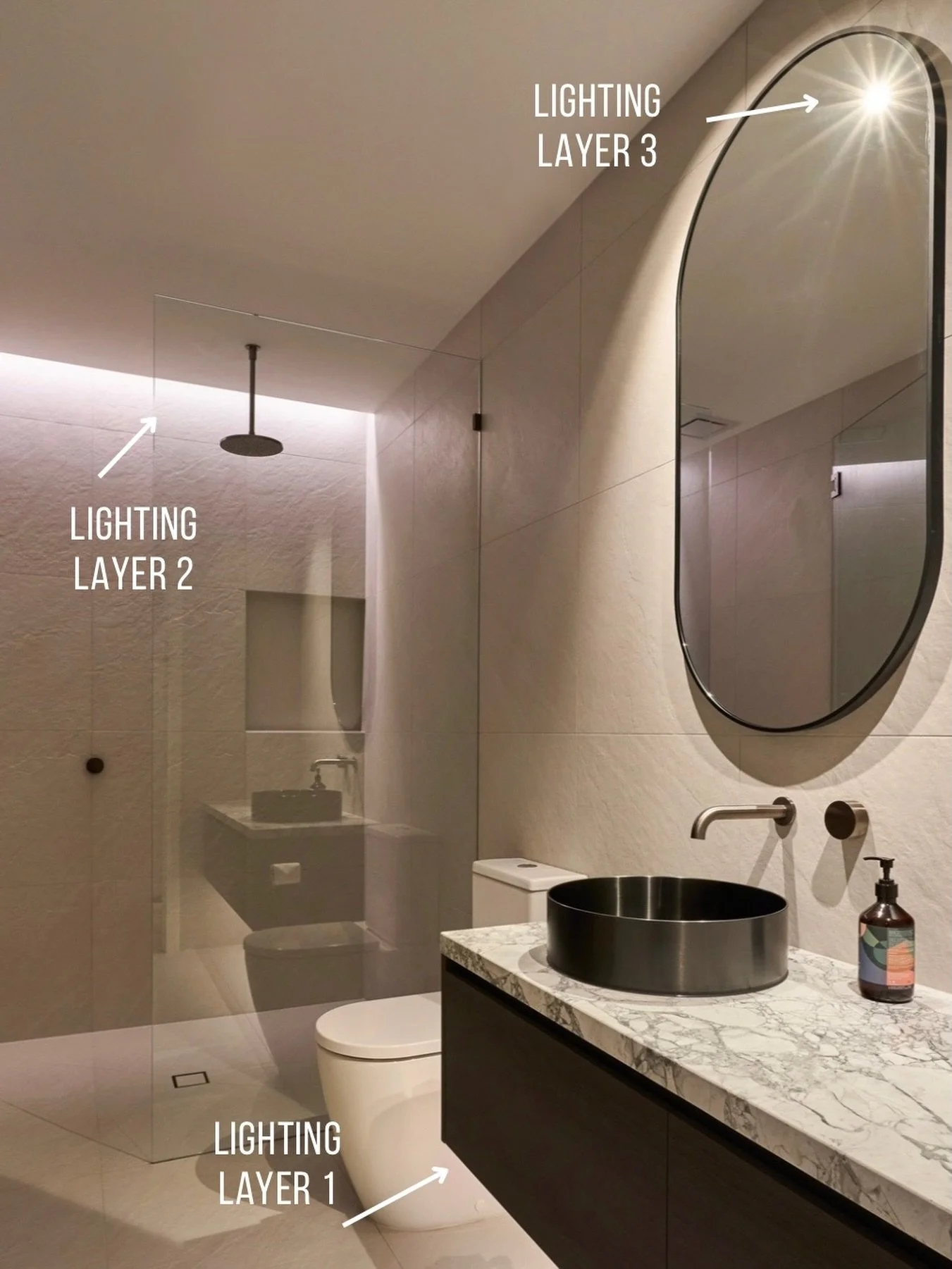 By using varied layers of light you&rsquo;ll be able to create a bathroom that transitions the mood and function of the space throughout the day, all with the simple flick of a switch.

Soft light for late-night bathroom trips, overall brightness for