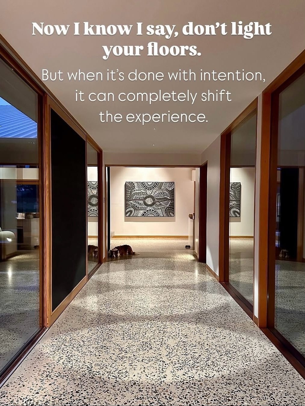 YES, I know I say not to, but when you have stunning floors, and it&rsquo;s done with intention, creating an effect that draws you in. 
I&rsquo;M ALL FOR IT! 

Yarran Home Project
Lighting Design by us MINT
Architecture by @mackinnondesign
Build by @