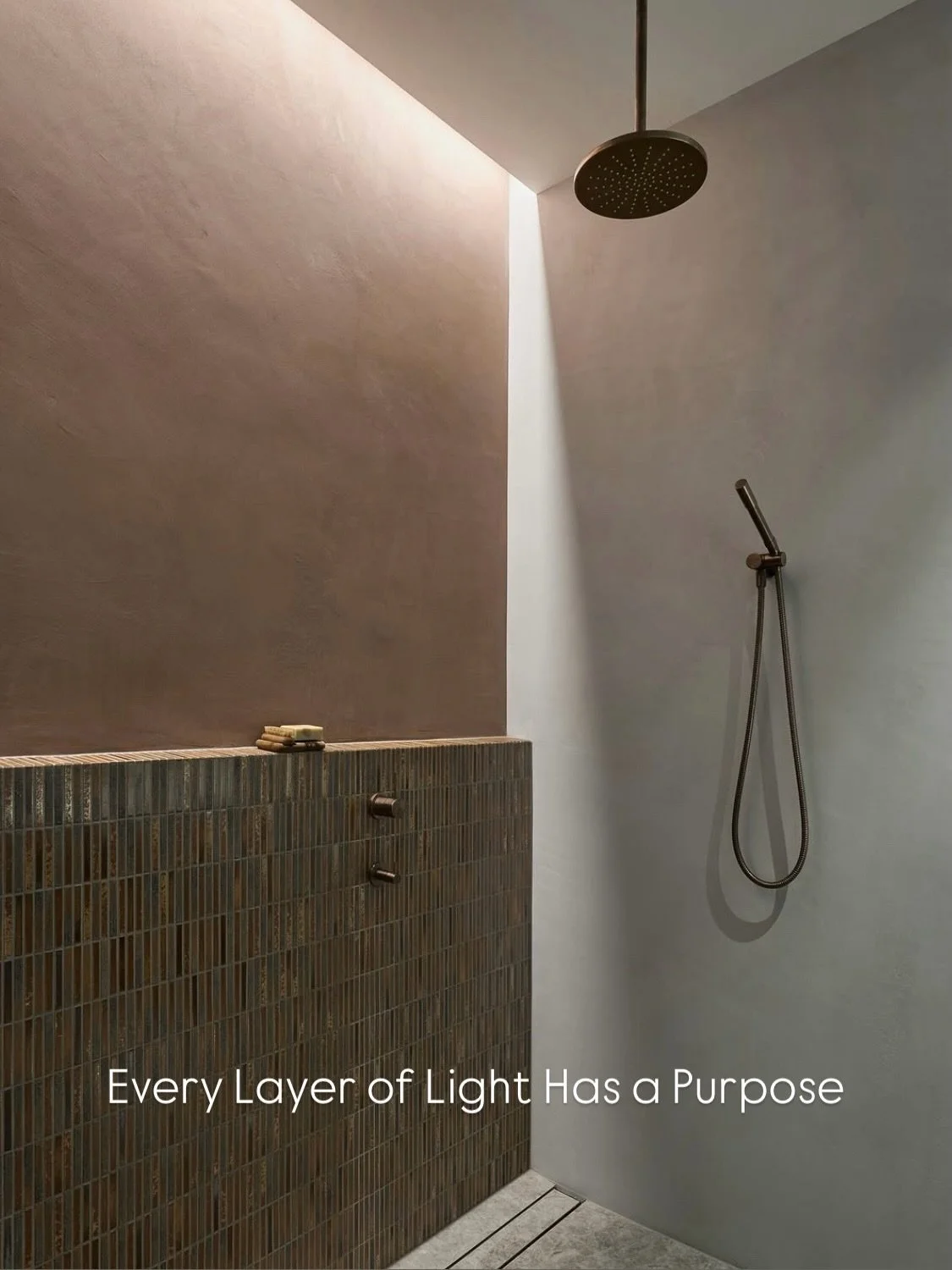 The lighting in this master ensuite was designed to do more than simply illuminate the room.

In the shower, we created a faux skylight that runs the full length above. It&rsquo;s detailed so it feels as though the sun is quietly peeking through the 
