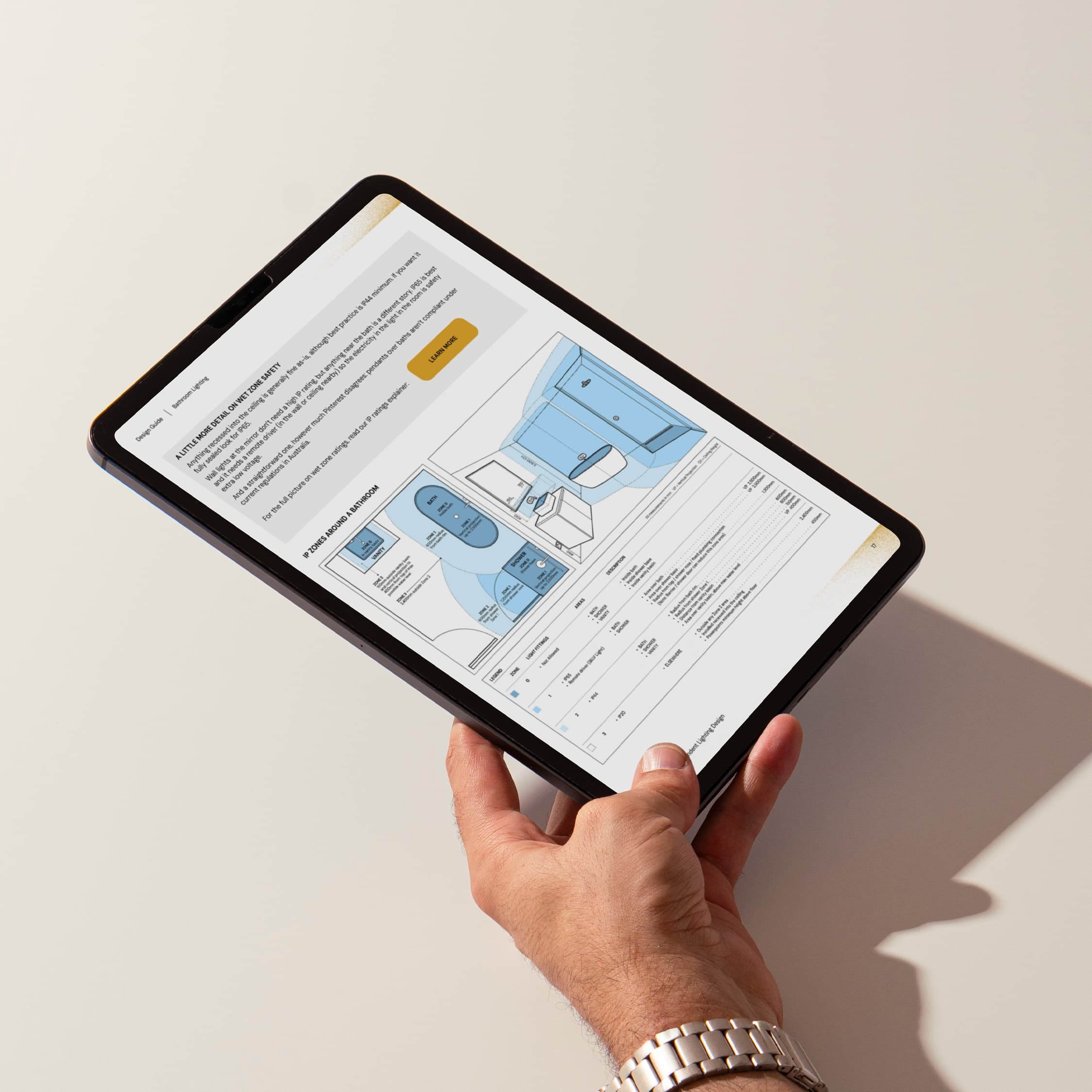 iPad with page from MINT bathroom guide with diagram on IP zones around a bathroom