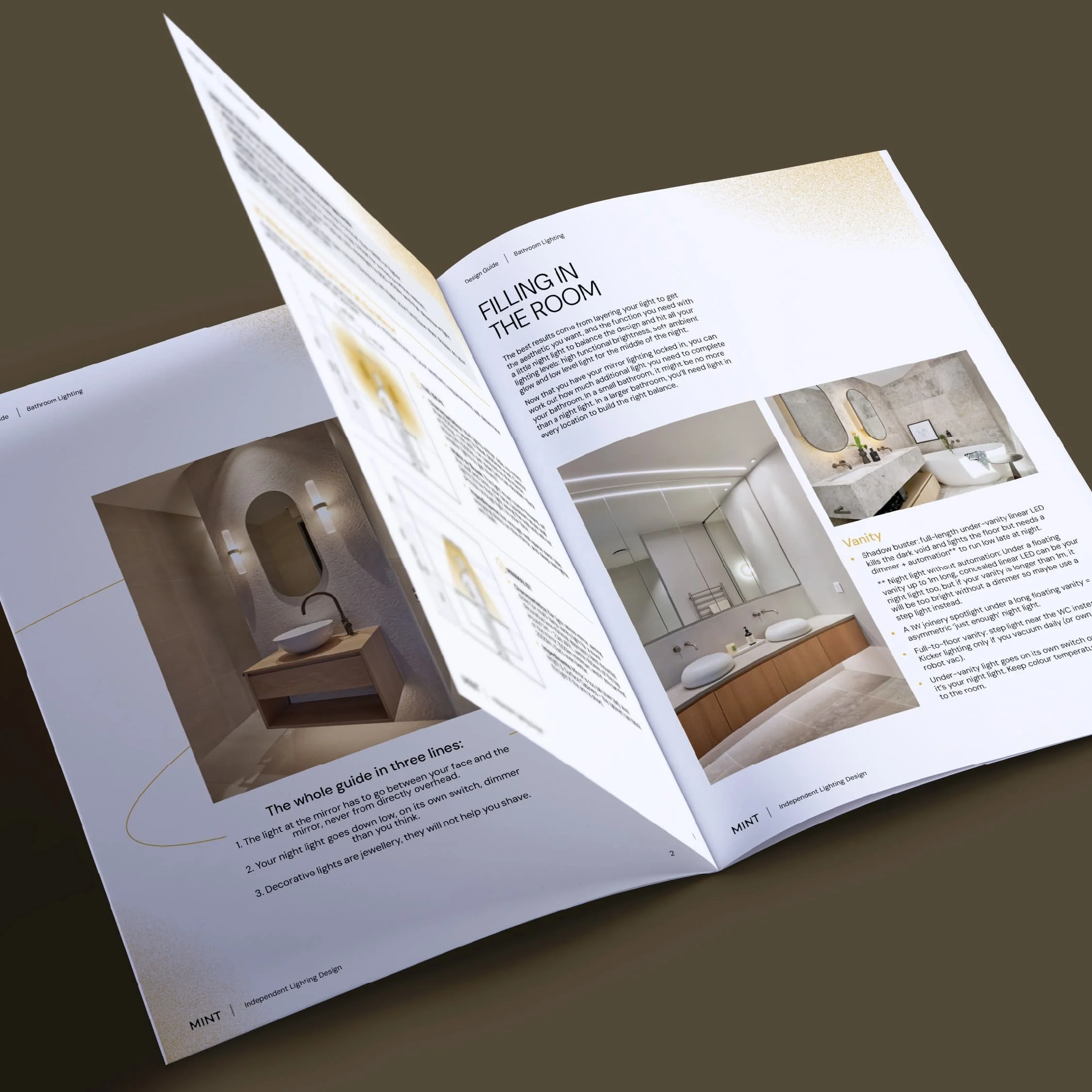 Pages from the MINT Bathroom Guide containing all the essential knowledge to plan your bathroom lighting
