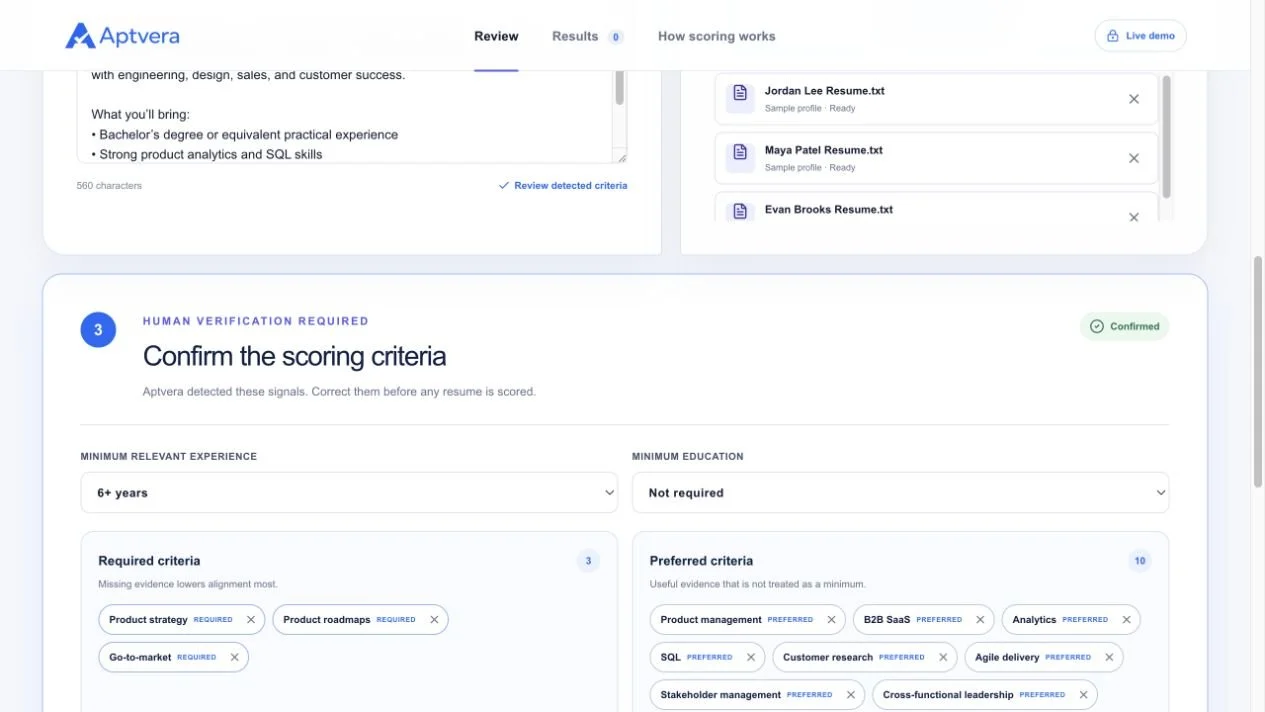 Aptvera human verification screen for confirming experience, education, required criteria, and preferred criteria using fictional candidate data.