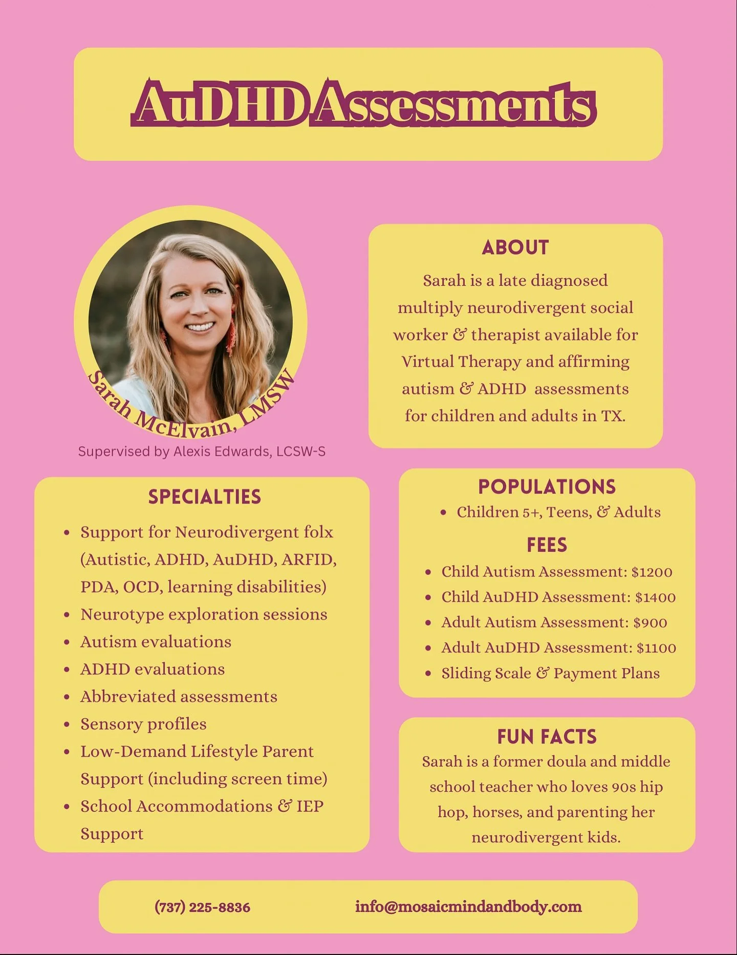 ✨ Looking for a neuroaffirming autism or AuDHD assessment from someone who gets it? ✨

Sarah McElvain, LMSW, is a late-diagnosed, neurodivergent therapist offering affirming autism &amp; ADHD assessments for children (5+), teens, and adults across Te