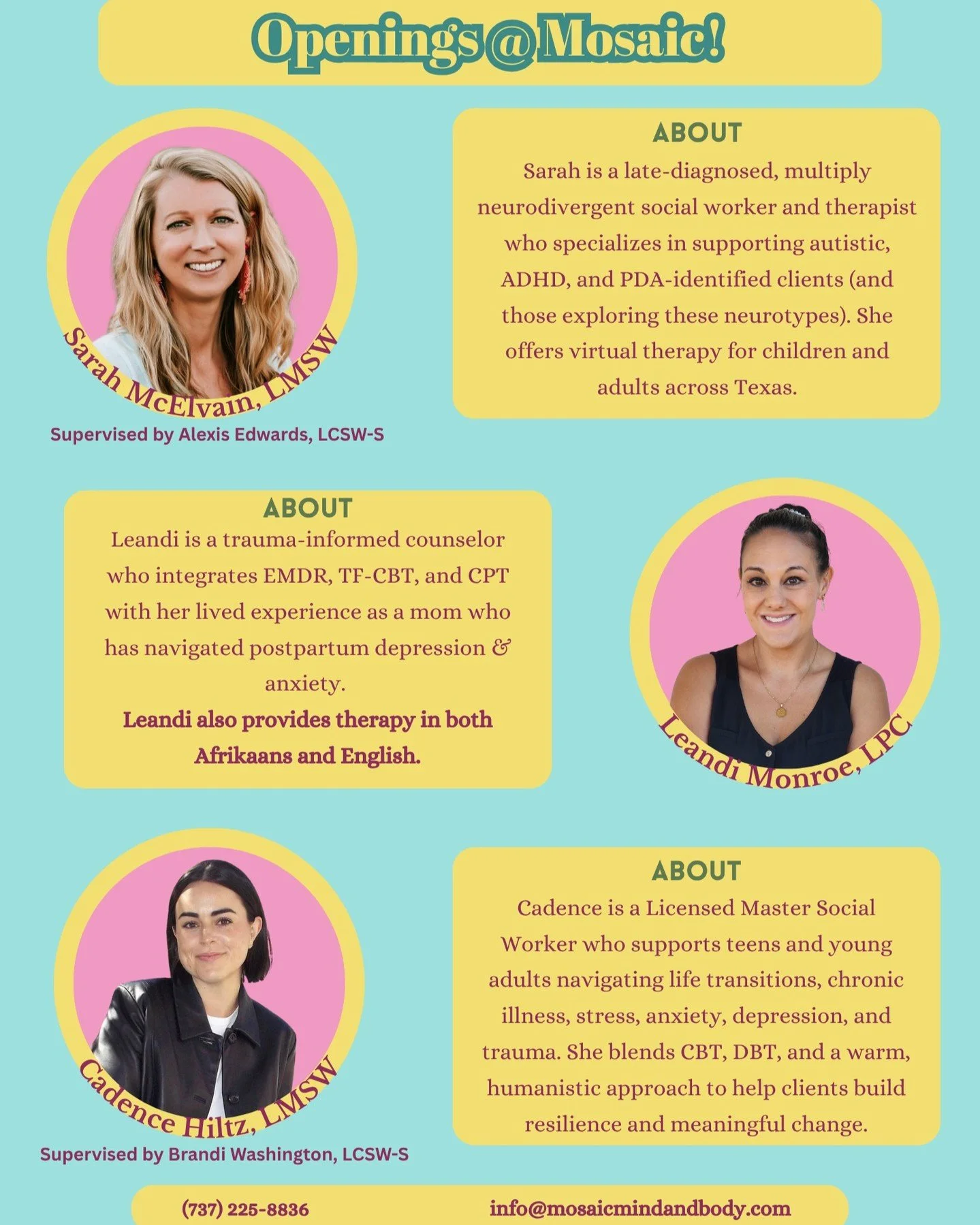 🌟 Openings @ Mosaic! 🌟

We&rsquo;re excited to share that our therapists currently have openings for new clients. Our team supports children, teens, and adults through life transitions, stress, trauma, anxiety, depression, and more &mdash; with spe