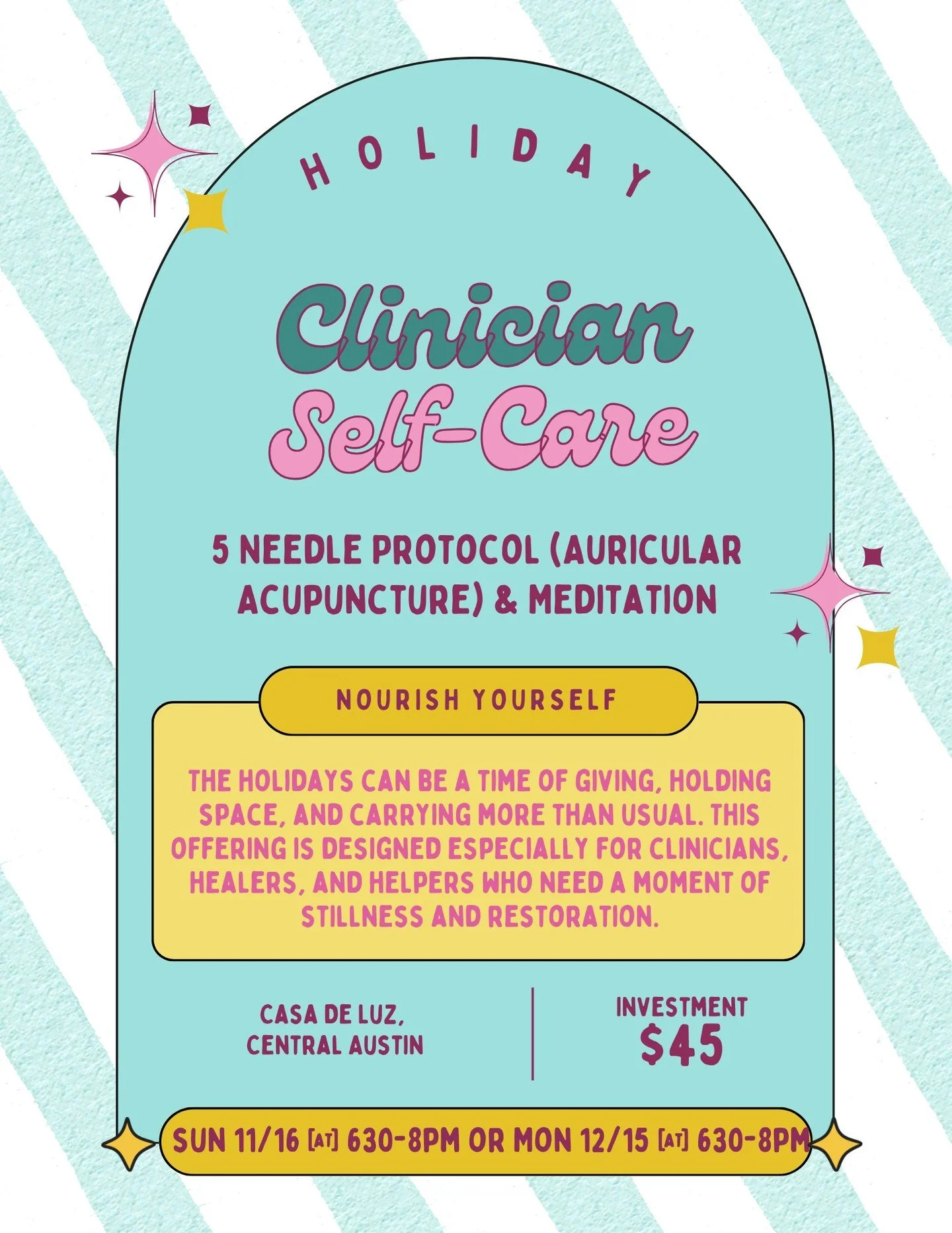 I&rsquo;m excited to share that I&rsquo;m now officially an AcuDetox Specialist with the Texas Medical Board after completing 70+ hours of training, supervision, and practicum. To celebrate, I&rsquo;m offering two holiday self-care gatherings that co
