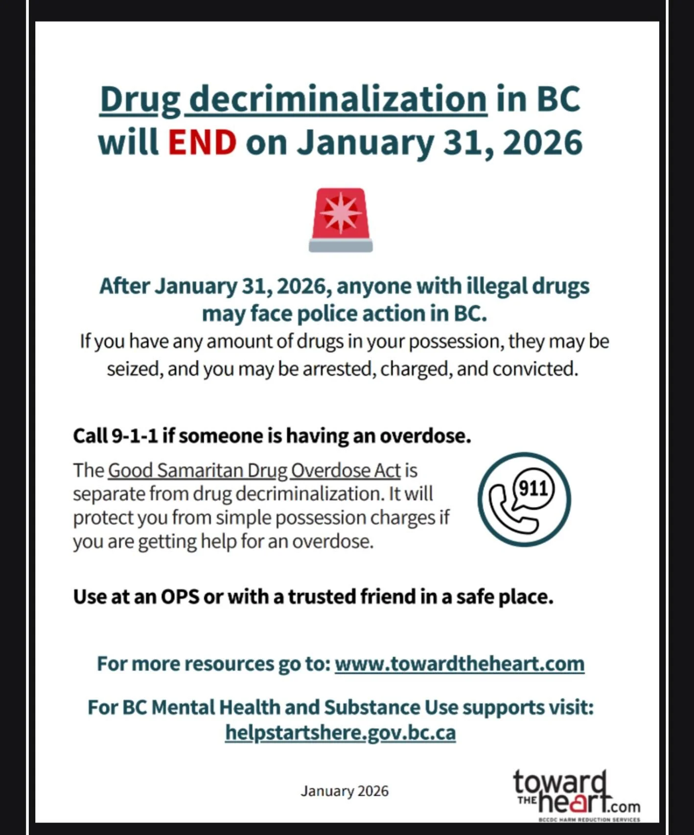 The BC Government has announced the end of the decriminalization pilot on January 31, 2026. This means that as of February 1, 2026, possession of any amount of illicit substances in any place that does not have a specific exemption (e.g. supervised c