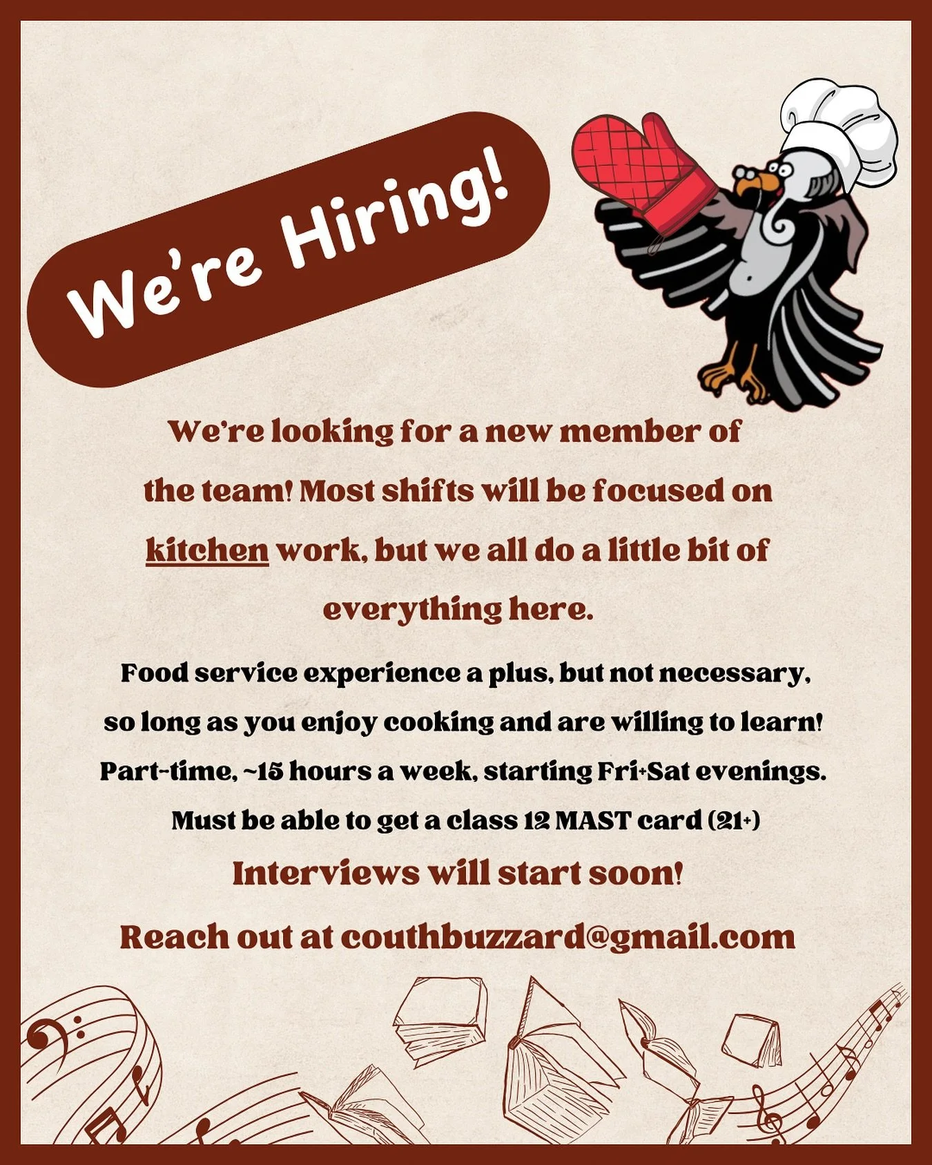 Wanna join our team and make tasty treats? Drop us a line (and a resume) at couthbuzzard@gmail.com!

#seattle #hiring #cafe #bookstore
