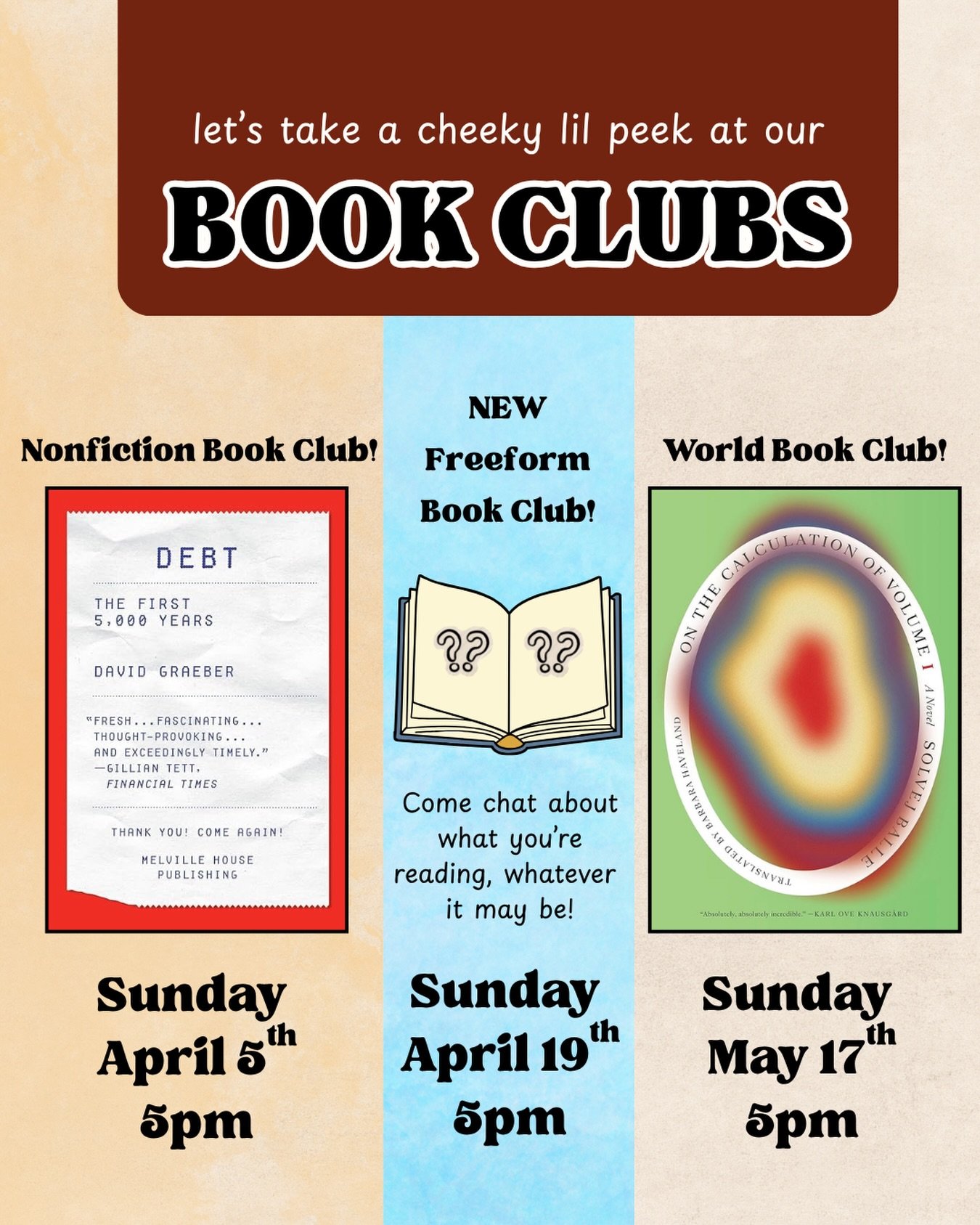 tryna hit up the club?

DEBT by David Graeber, Sunday April 5th, 5pm: Hot takes on this book are already FLYING around the Couth. Come get enlightened and/or furious with us!

FREEFORM BOOK CLUB, April 17th, 5pm: Don&rsquo;t wanna be told what to rea