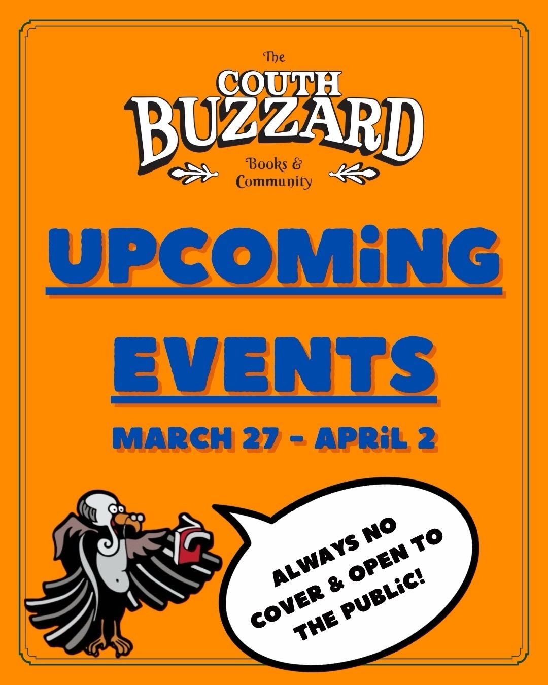 Lots going on this week at the Couth Buzzard! Come on by! #indiebookshop #seattlecommunity