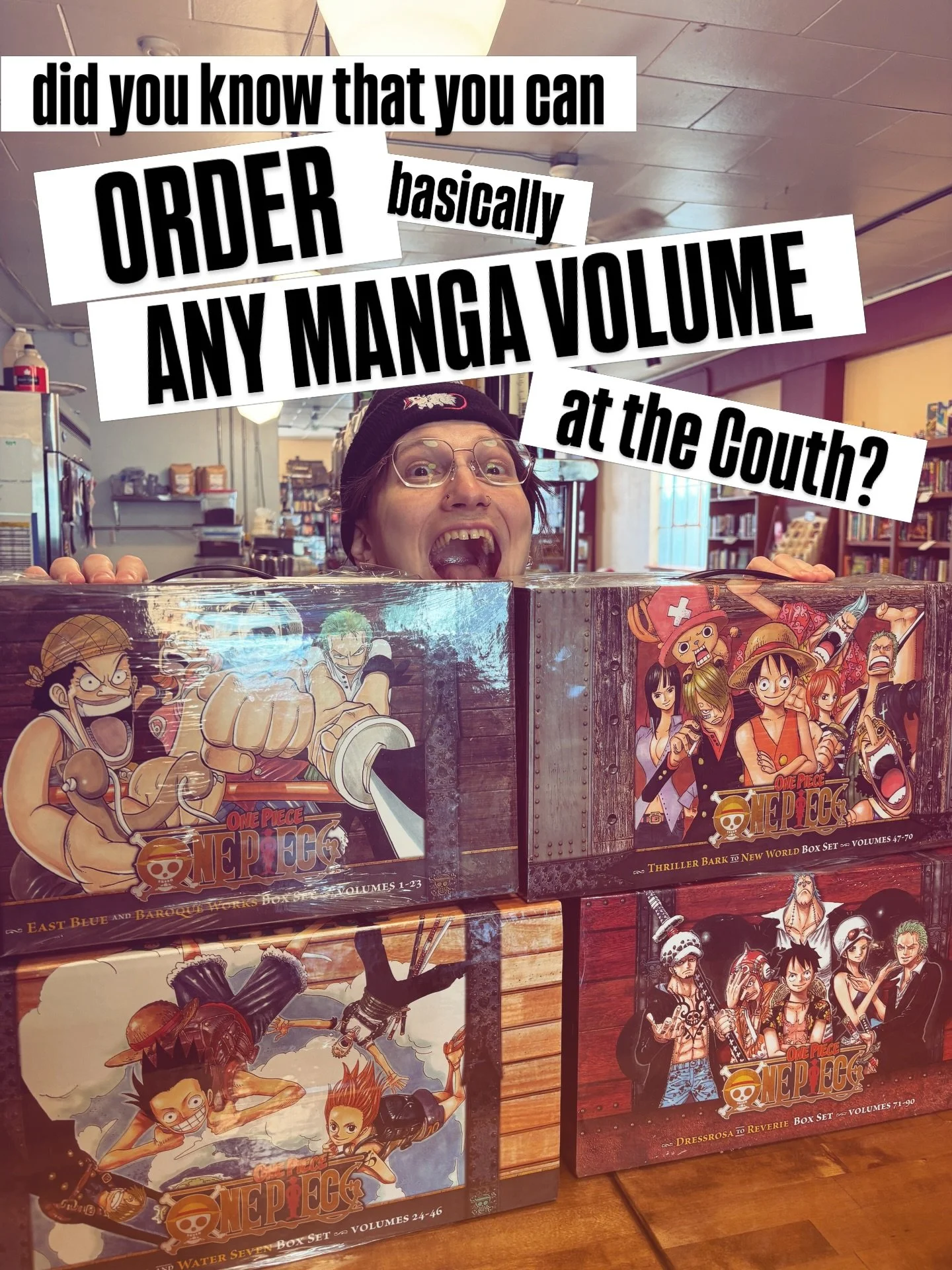 phoenix getting that staff discount on ENTIRE CHESTS of PIRATE BOOTY

We have a deftly curated batch of manga in for you to browse, but if you&rsquo;d like something we don&rsquo;t have in, we can put in an order! It&rsquo;ll arrive before you can, u