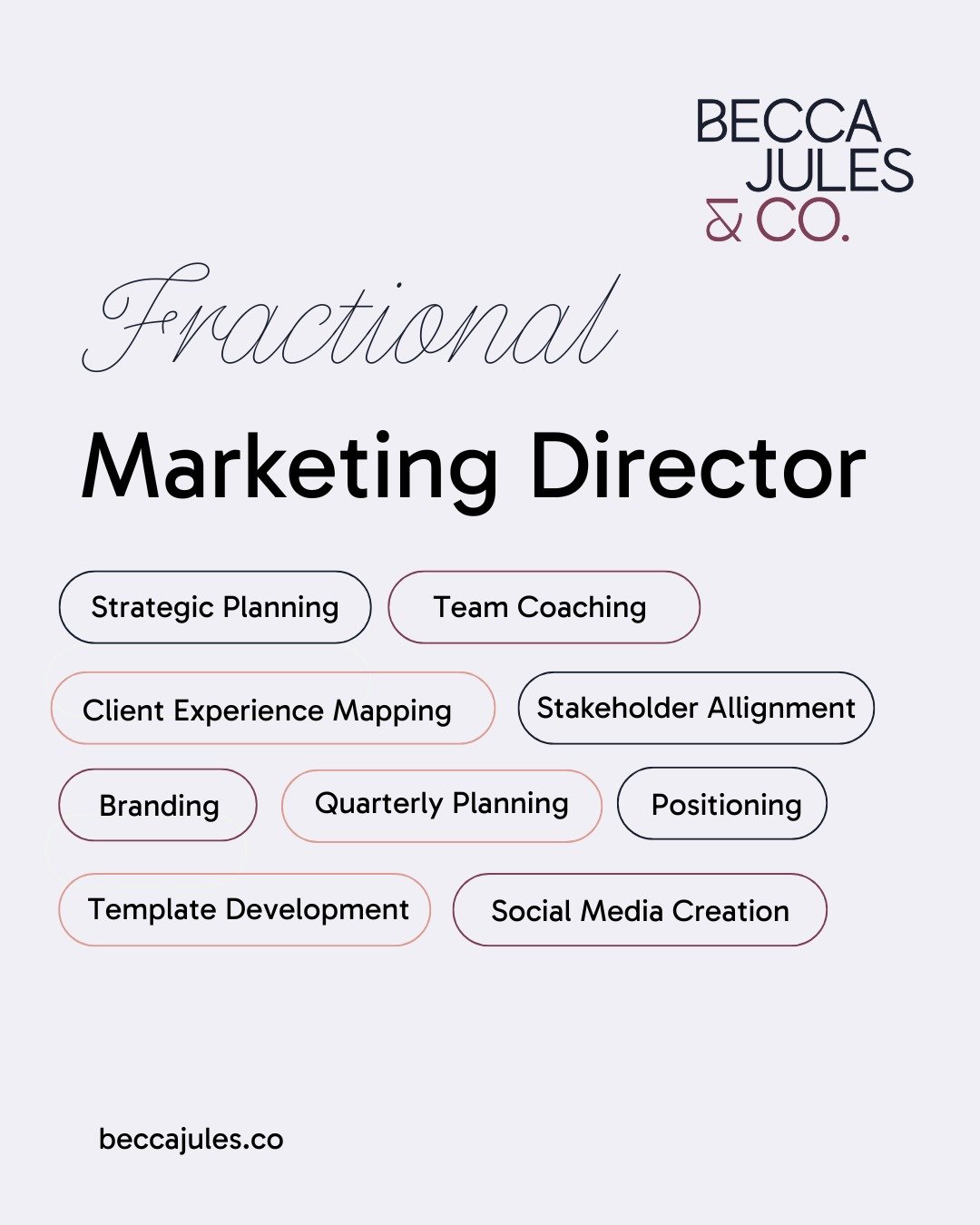Why hire one marketer when you could have a whole team?

At Becca Jules &amp; Co., when you hire us as your Fractional Marketing Director, you don&rsquo;t just get a solo marketer. You get strategic leadership plus access to a trusted team of content