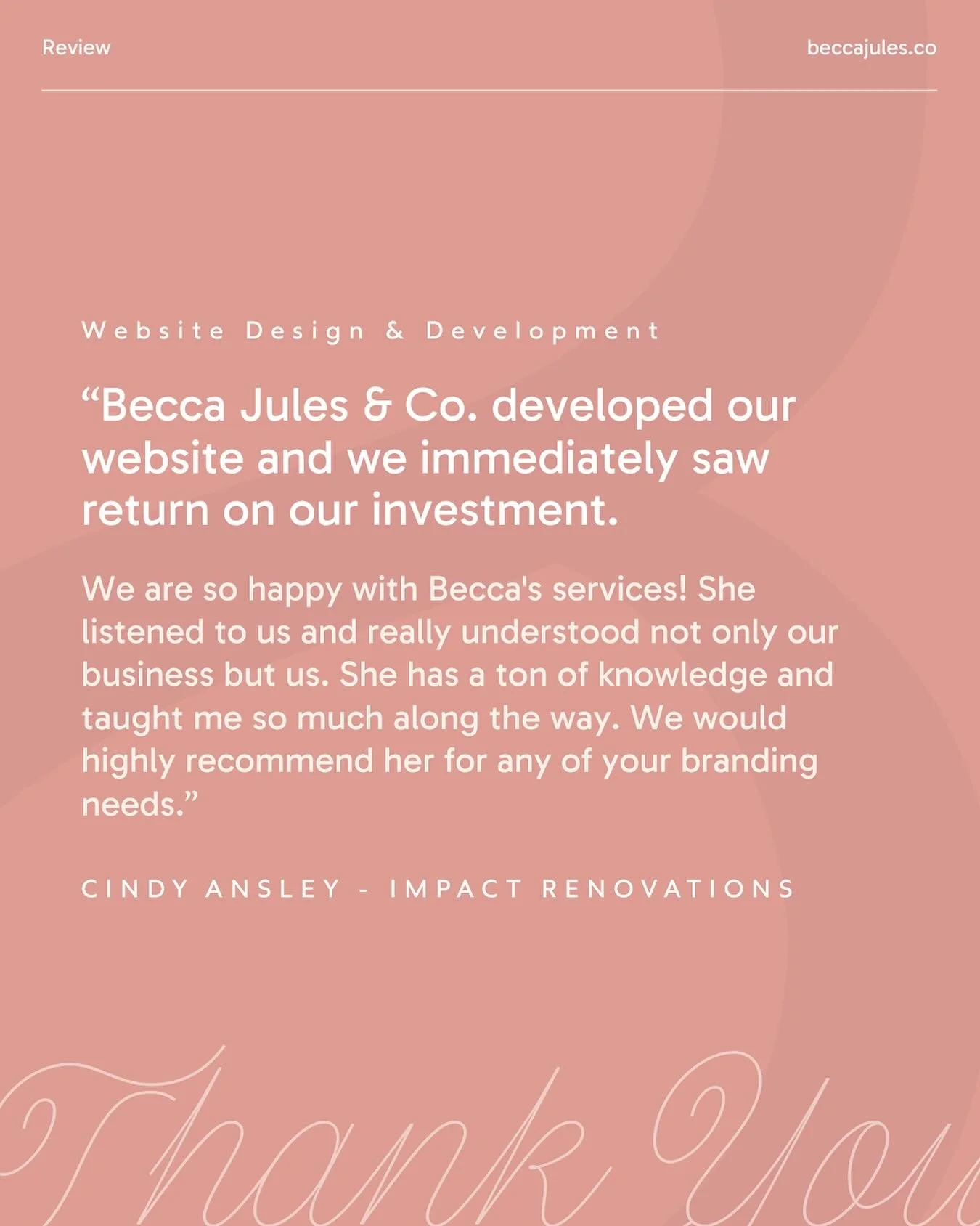Helping local businesses grow and thrive is why we do what we do. 

Thank you, Cindy, for the wonderful words about your experience with Becca Jules &amp; Co. 🫶 We&rsquo;re so proud to support Impact Renovations with a website that delivers results.
