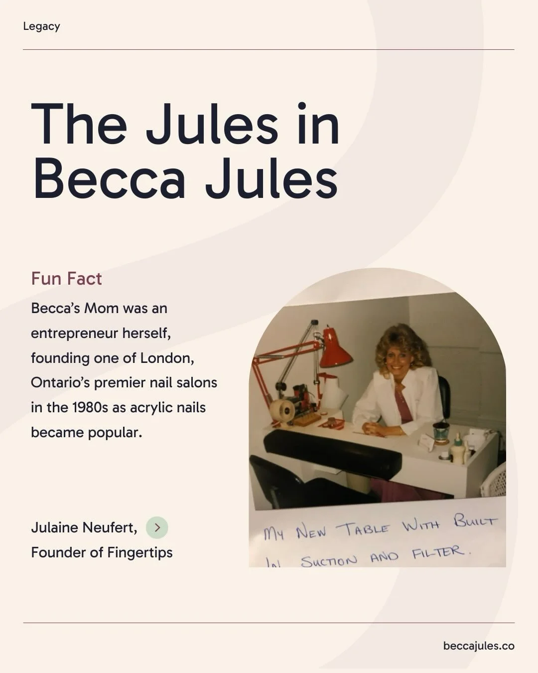 A little walk down memory lane, and the roots of entrepreneurship in our family.

Becca&rsquo;s mom, Julaine, was a business owner herself, founding one of London, Ontario&rsquo;s premier nail salons in the 1980s. Red polish was in, the beauty indust