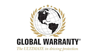 Logo featuring a globe with a map of North and South America, surrounded by a gold laurel wreath, with three stars above, and the text 'GLOBAL WARRANTY' and 'The ULTIMATE in driving protection' beneath.