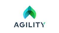 Logo with a stylized leaf made of overlapping teal and green shapes above the word "AGILITY" in dark and light blue text.