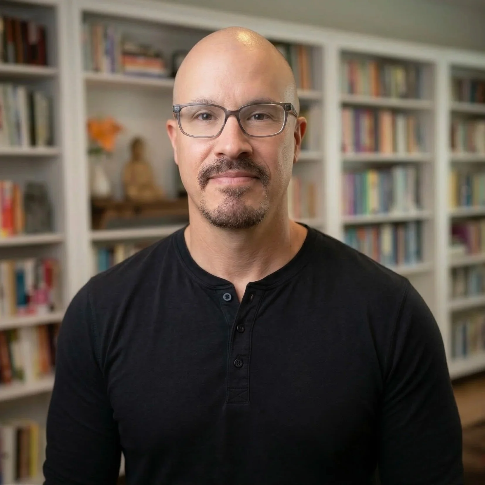 Man in white shirt with glasses in library setting