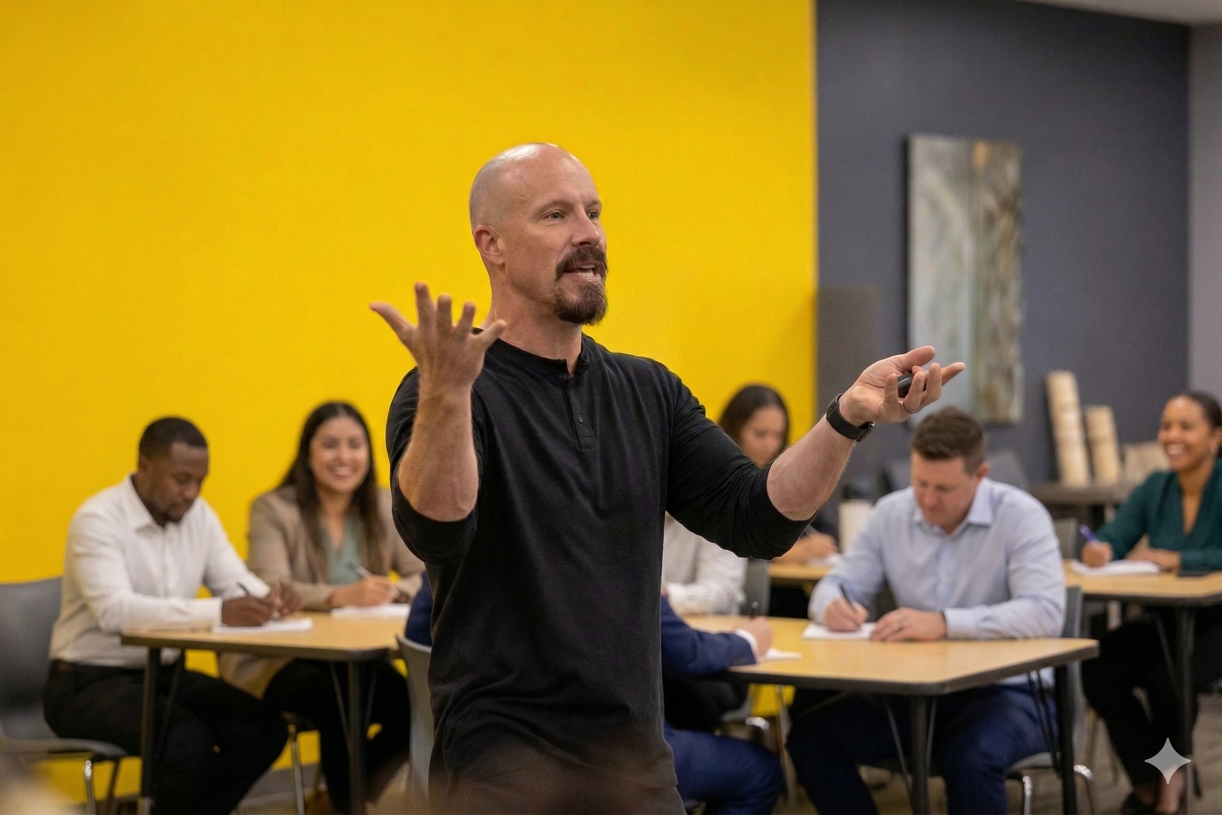 A man with a beard and bald head wearing a black long-sleeve shirt giving a presentation or speech in front of a seated audience in a room with a yellow and gray wall.